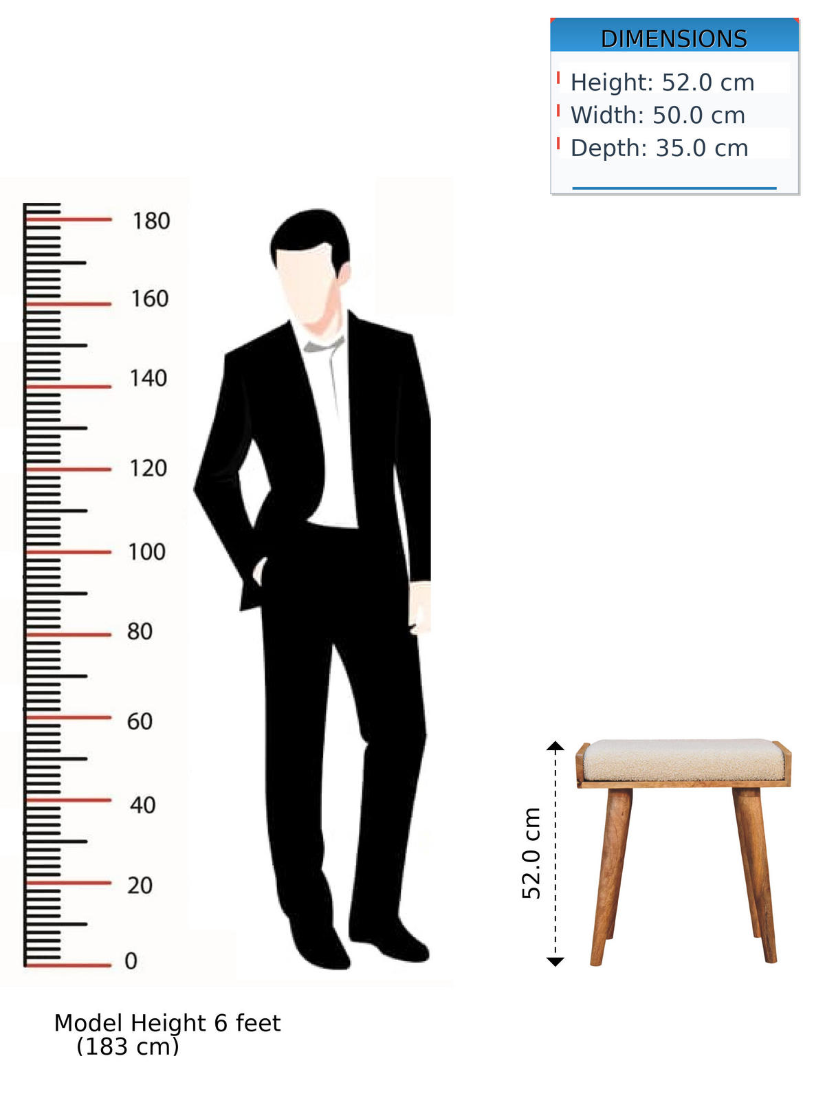 FUSSHOCKER Bouclé Creme Tablett-Stil, Nordische Beine - Beige, Holz (50/52/35cm) - Artisan Furniture