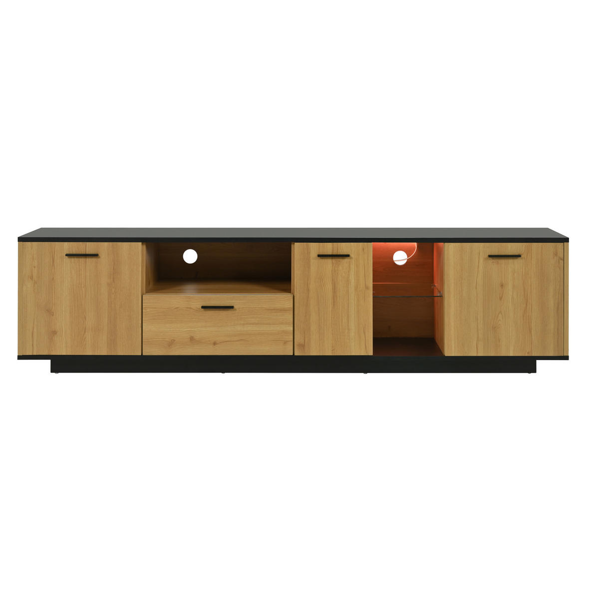 NÍZKA komoda z MDF, 180/37/45 cm čierna a dekor dreva, s LED osvetlením - čierna, kompozitné drevo (180/45/37cm) - BEAOK