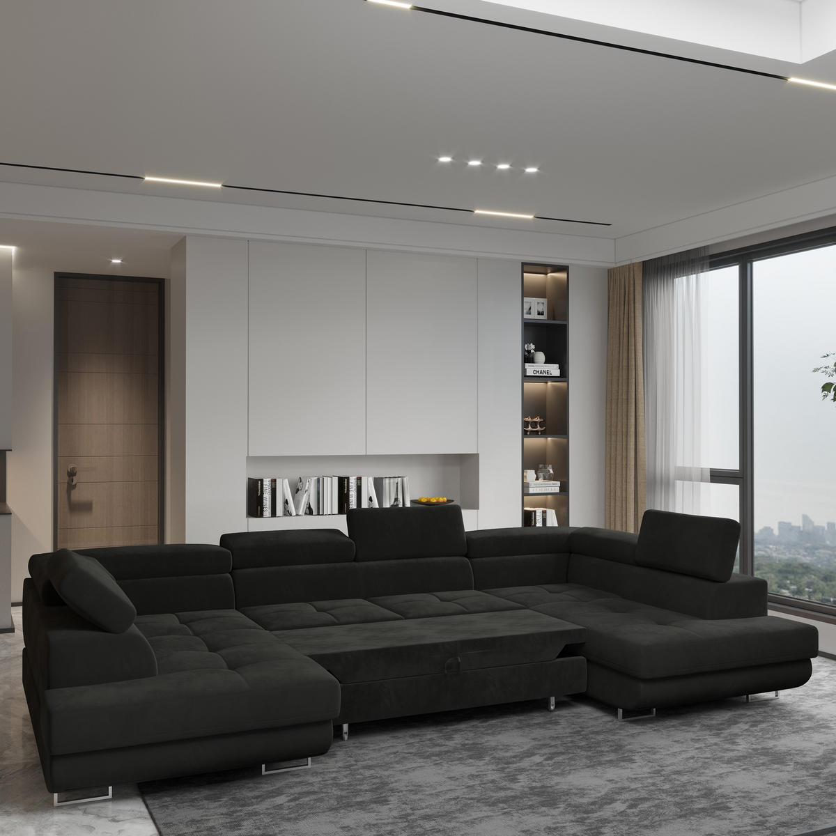 WOHNLANDSCHAFT RAGGIO Schwarz Velours-Stoff mit Schlaffunktion - Schwarz, Holz (336/90/202cm) - MASSENO