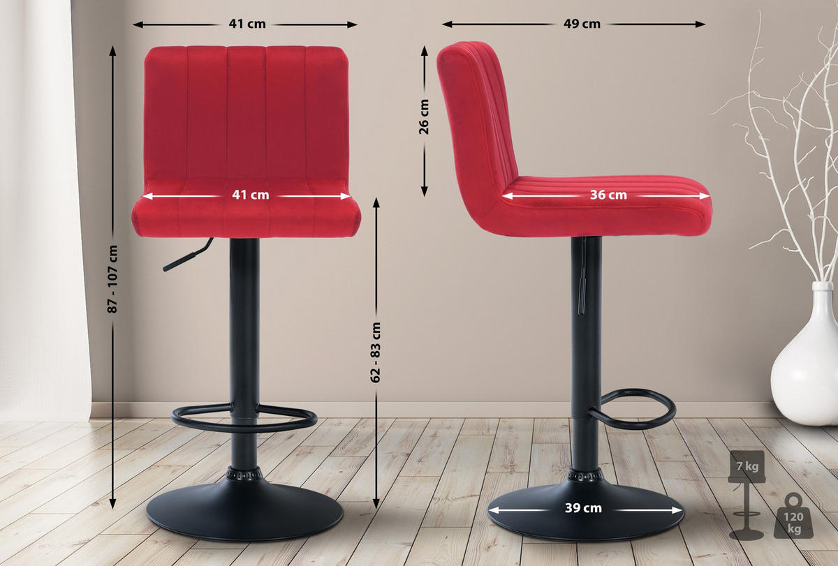 BARHOCKER 2er Set Samt rot - Rot, Textil/Metall (41/87/49cm) - CLP