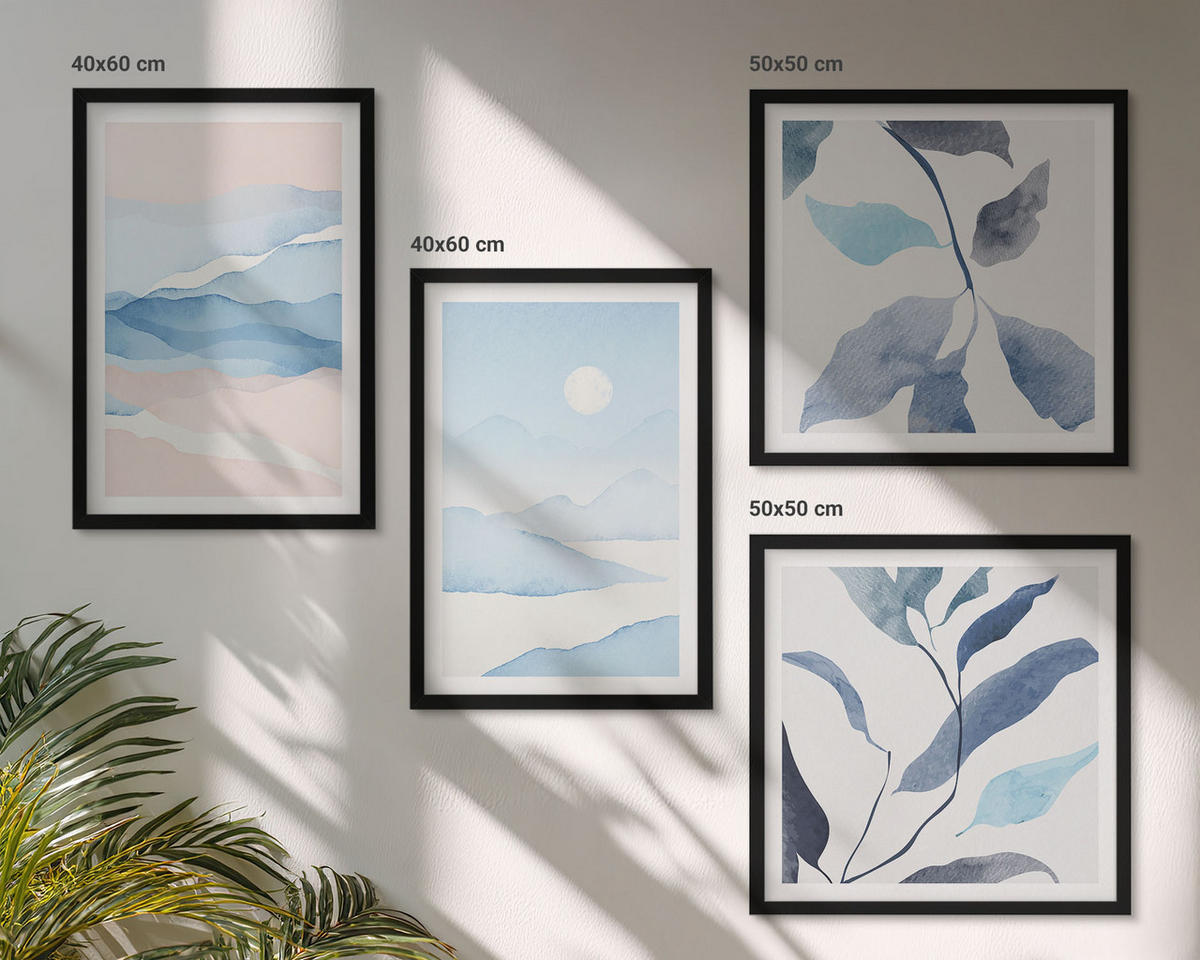 WANDBILDER 4er-Set - 50x50 cm & 40x60 cm Schwarzer Rahmen - Berglandschaften, Aquarellpflanzen - Schwarz, Kunststoff (50/50cm) - ArtPrintCave