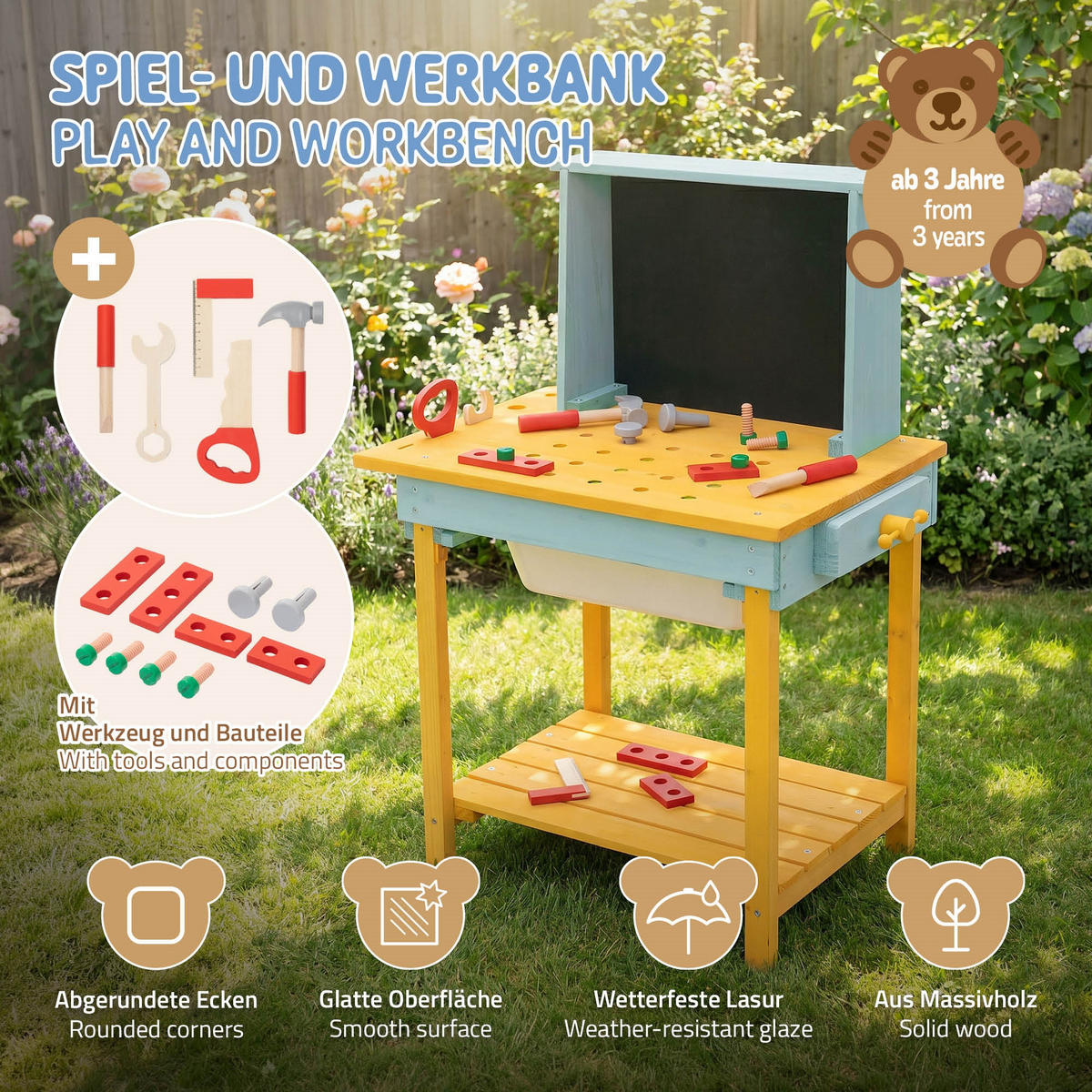 WERKBANK KINDER HOLZ ‎101x37x81 cm ‎Gelb-Türkis - Gelb, Holz/Kunststoff (101/81/37cm) - Joyz