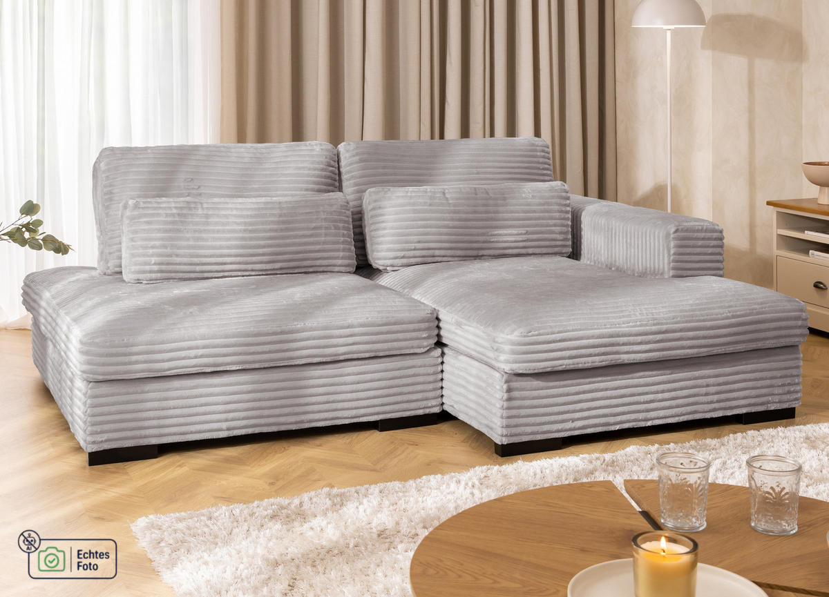 ECKSOFA Wolke mit tiefer Sitzfläche, Schlaffunktion und praktischem Bettkasten aus weichem Hellgrau Cordstoff - Hellgrau/Schwarz, Holz/Kunststoff (225/162cm) - S-Style
