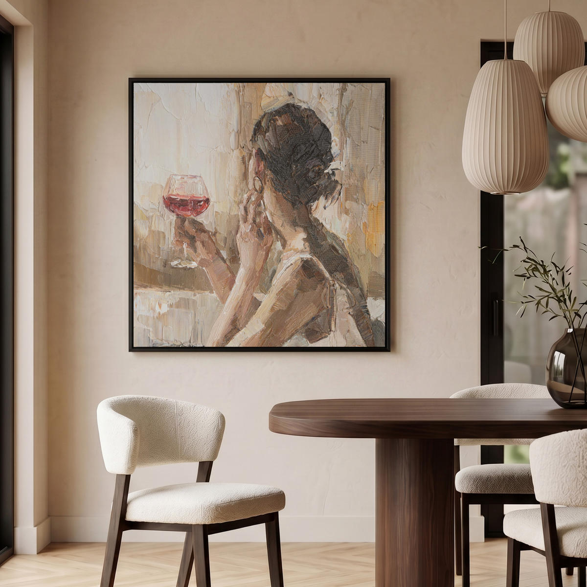 LEINWAND Bilder mit Rahmen - Ölgemälde - Frau - Wein - 90x90 - Hellbraun, Textil (90/90cm) - MuchoWow