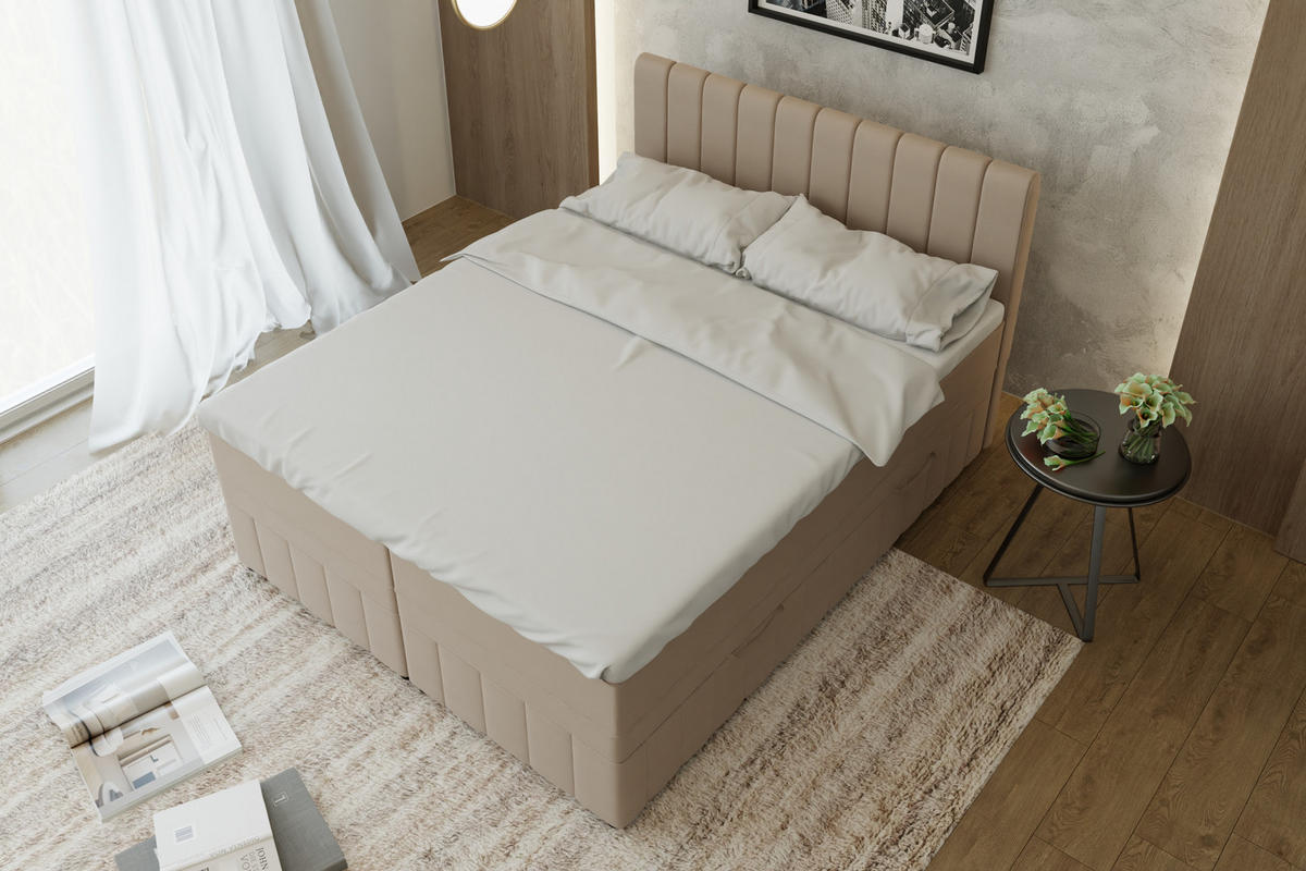 BOXBETT AVALON 160 x 200 cm mit Bettkasten und Topper - Beige - Beige, Holz - Panda Möbel