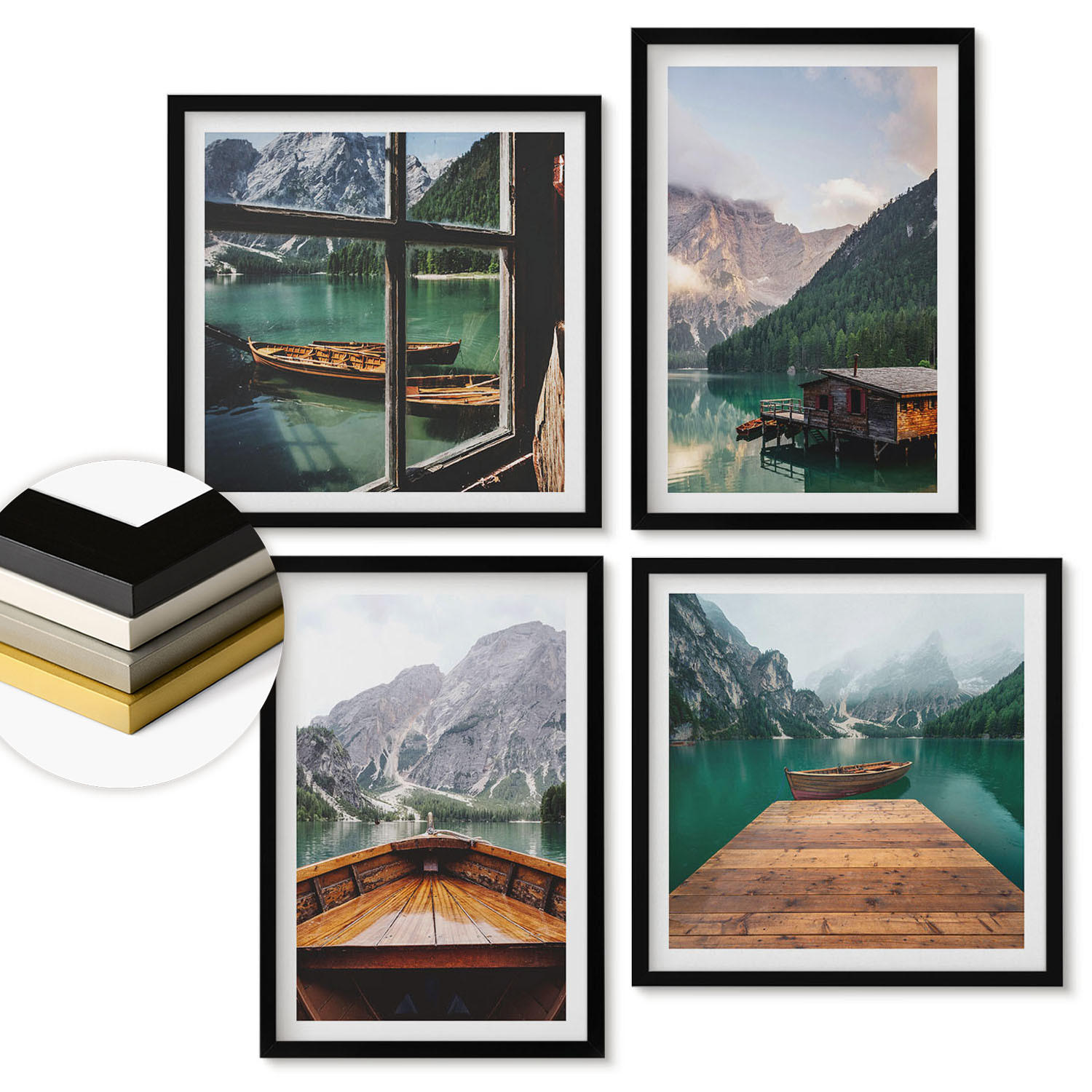 WANDBILDER 4er-Set - 50x50 cm & 40x60 cm Schwarzer Rahmen - Berglandschaften, Ferienhäuser, Boote - Schwarz, Kunststoff (50/50cm) - ArtPrintCave
