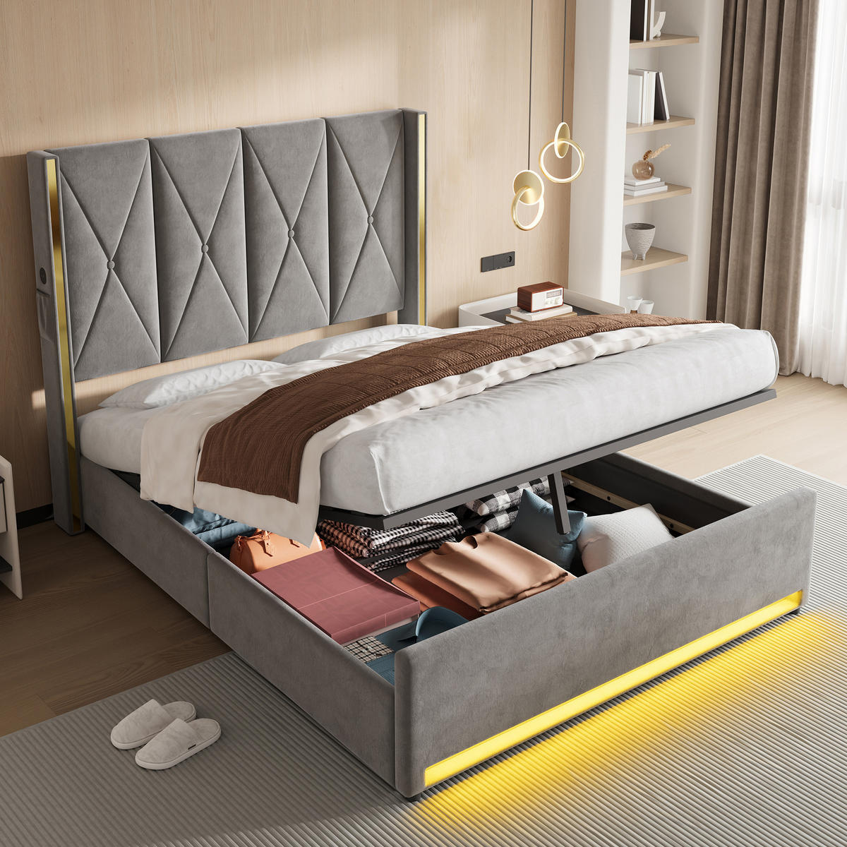 POLSTERBETT 160/200 cm in Dunkelgrau Samt mit Bettkasten, USB, LED und Seitentaschen - Dunkelgrau, Holzwerkstoff/Textil (160/200cm) - WISHDOR