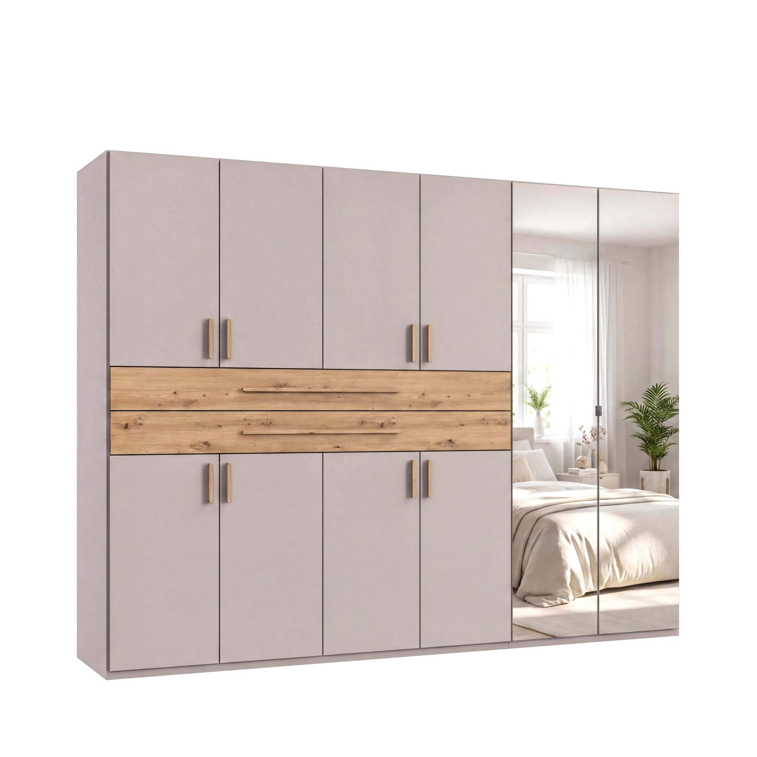 luma-home SKŘÍŇ S OTOČNÝMI DVEŘMI B270/H208/T58 cm, béžovo-šedá, šatní skříň se 2 zrcadlovými dveřmi, 2 zásuvkami a úchytkami v dekoru dub Artisan / 2