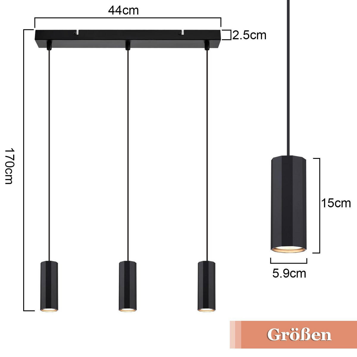 HÄNGELEUCHTE Stärke 3-flammig 44/6/170 cm - Schwarz, Metall (44/6/170cm) - Nettlife