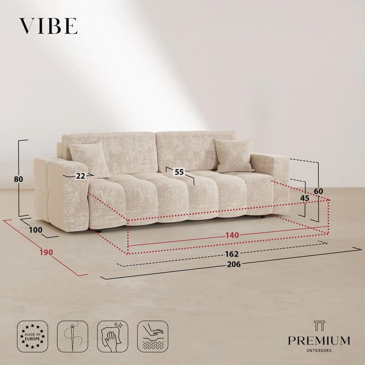 SCHLAFSOFA Express VIBE Geprägter Samt Taupe 206cm - Taupe, Textil (206/80/100cm) - Premium Interiors