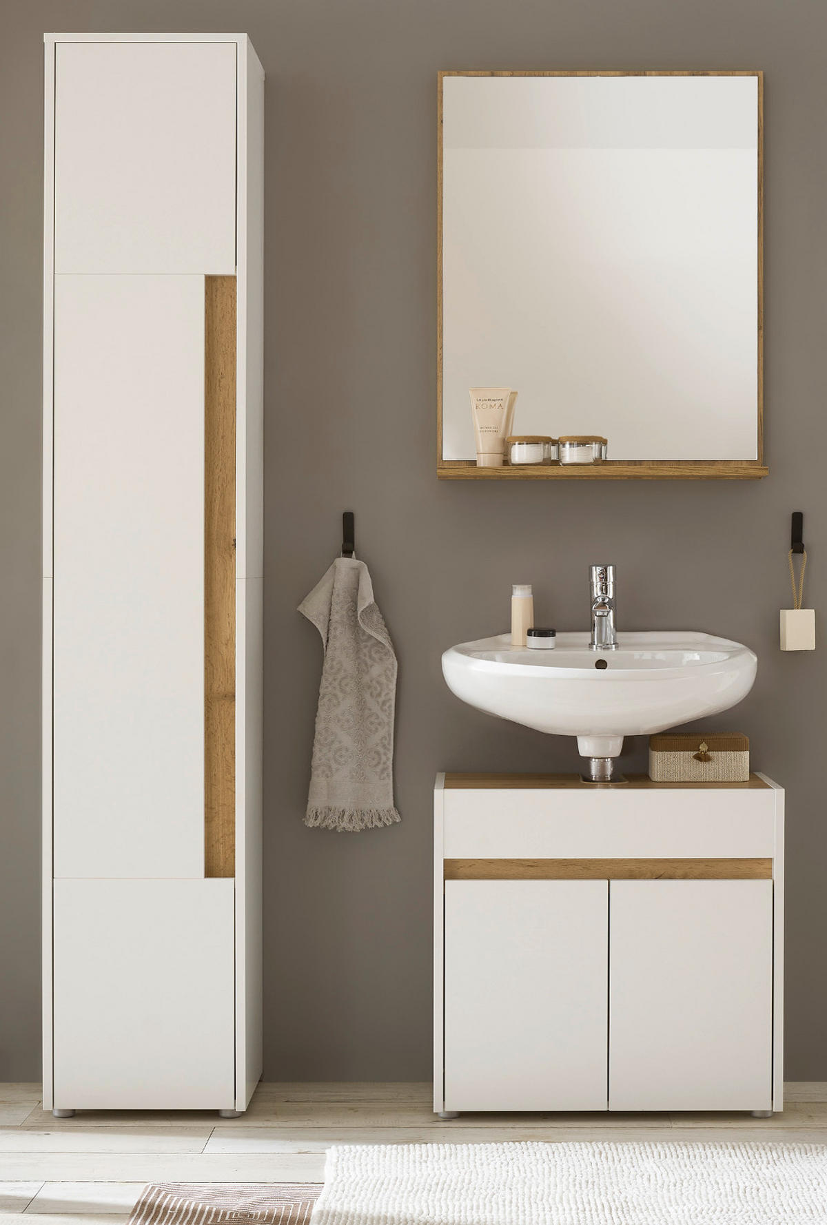 BADMÖBEL-SET 3-teilig weiß, Wotan Eiche, Badkombination 114 cm - Silberfarben/Eiche Wotan, Glas/Holz (116/200/34cm) - Furn.Design