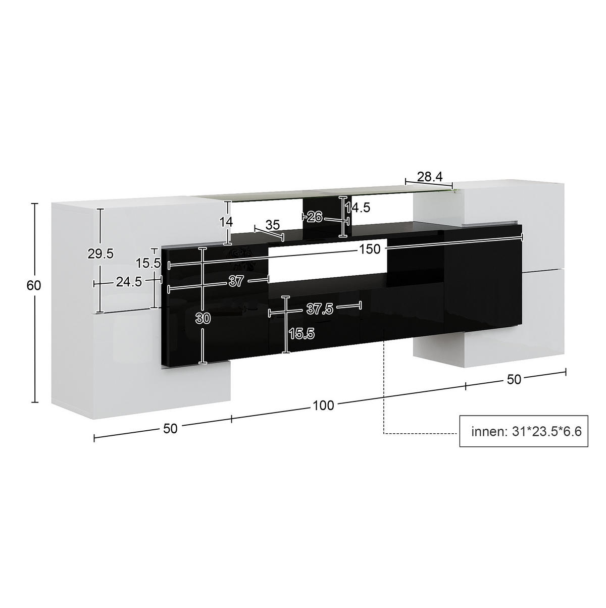 TV-BOARD aus Spanplatte 200x35x60 cm Weiß/Schwarz mit LED-Beleuchtung, viel Stauraum und Glasoptik - Schwarz, Holzwerkstoff (200/60/35cm) - Modfu