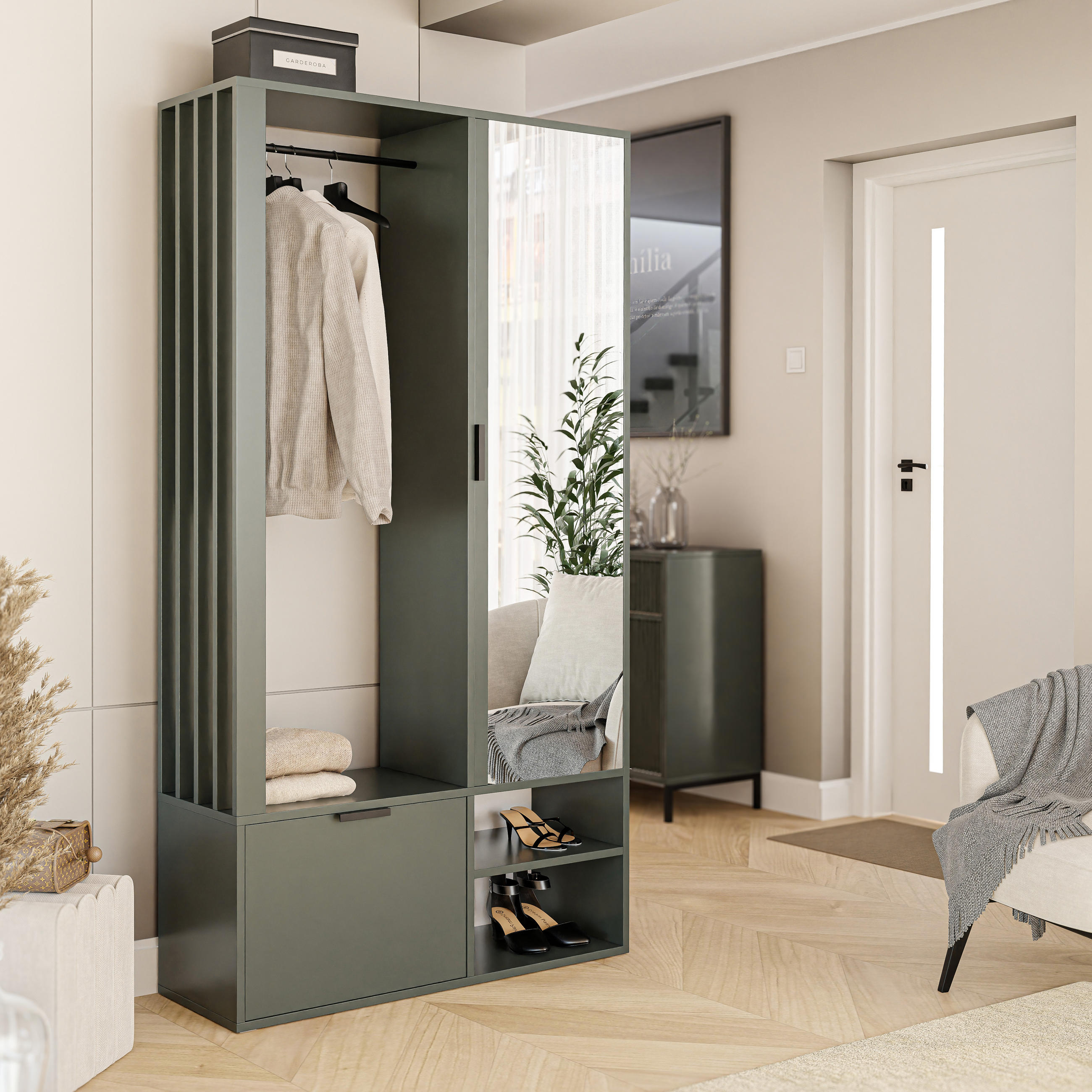GARDEROBENSCHRANK mit Spiegel-mit Ablagen und Kleiderstange - Grün, Holzwerkstoff (100/190/33cm) - Idohome