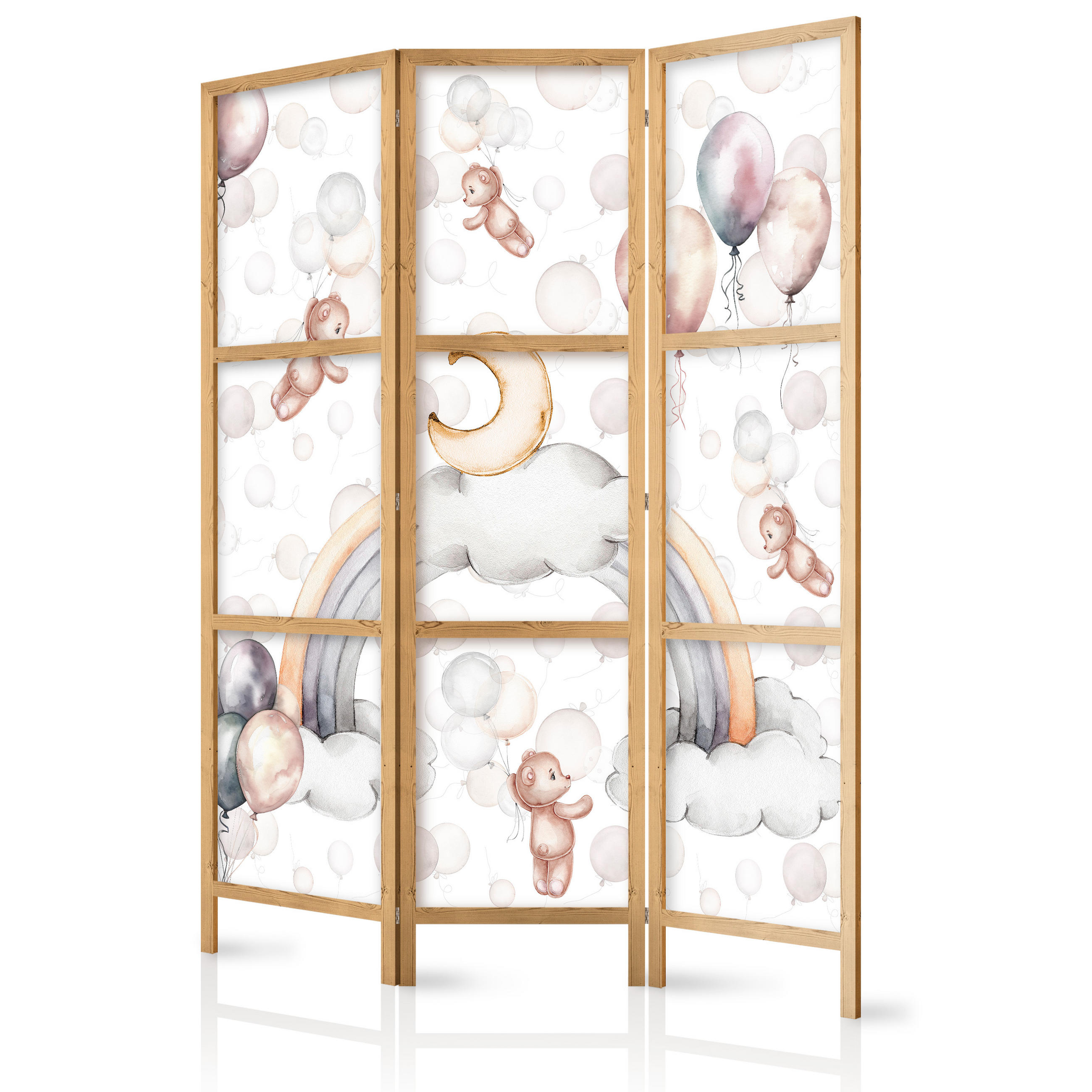 PARAVENT Japanischer 3-tlg 135x172 cm Teddyb ren und Ballons - Multicolor, Holz/Textil (135/172/3cm) - Muralo