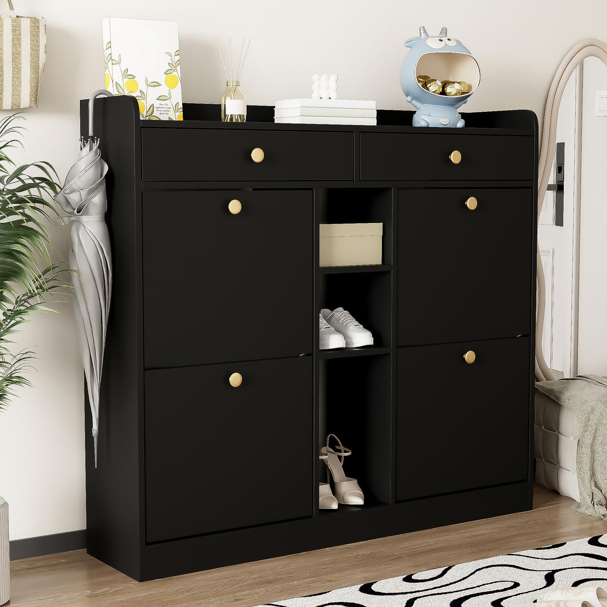 SCHUHSCHRANK aus Spanplatte 110x26x100cm in Schwarz mit Klappentüren - Schwarz, Holzwerkstoff (110/100/26cm) - Modfu