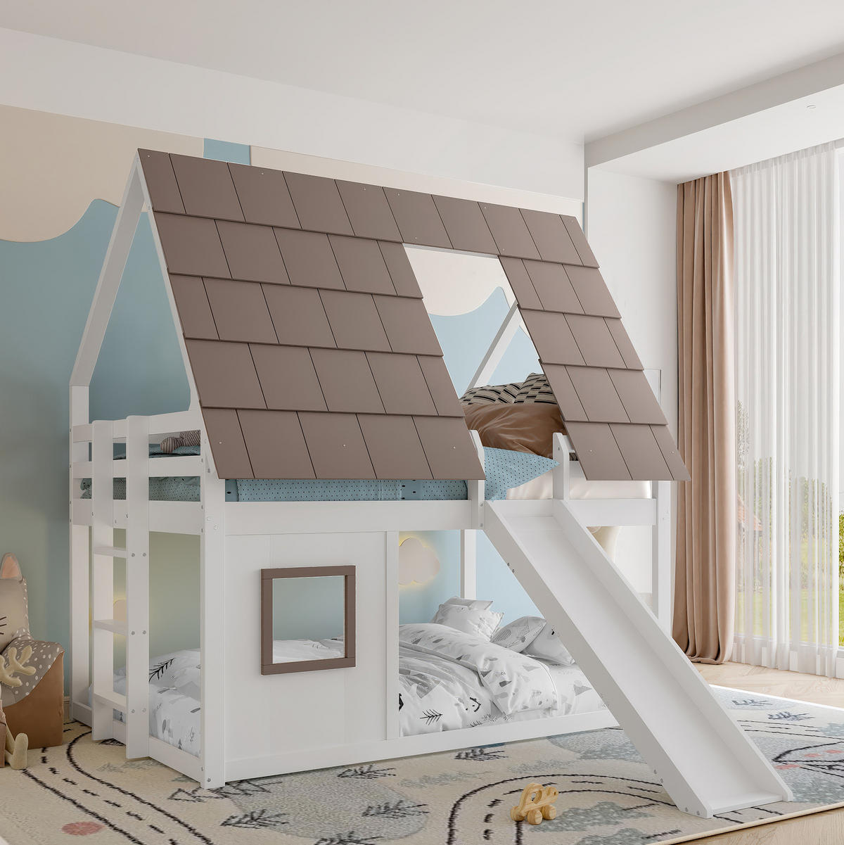 KATNI krevet od borovine i MDF-a 140x200 cm bijelo-smeđi s krovom, ljestvama i toboganom - smeđa, drvni materijal (140/200cm) - Modfu