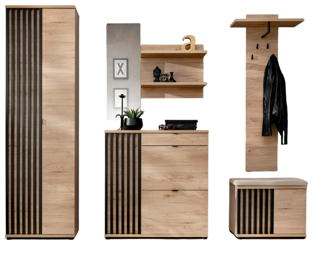 GARDEROBE Set 3-teilig Eiche Jackson, schwarz 250 cm, Garderobenkombination mit 3D-Lamellen - Eichefarben/Schwarz, Holzwerkstoff/Kunststoff (230/202/35cm) - Furn.Design