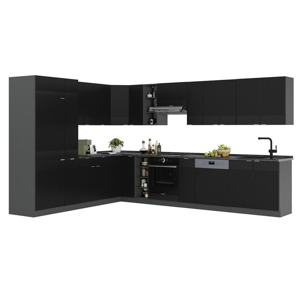 ECKKÜCHE Fame-Line, Schwarz gestreift/Anthrazit, 347 x 257 cm ohne Arbeitsplatte - Anthrazit/Schwarz, Holzwerkstoff (347/206.8/51.6cm) - Vicco