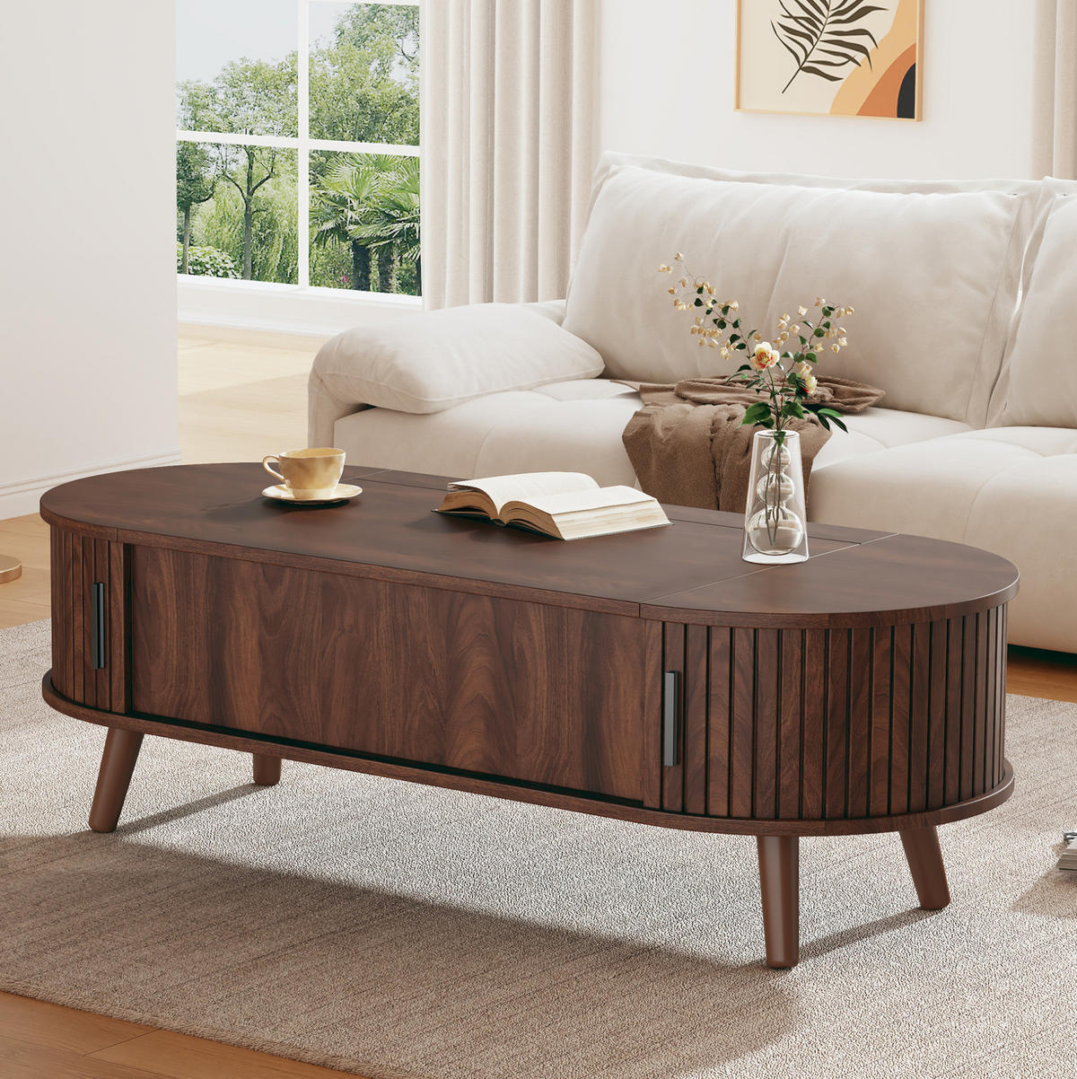 COUCHTISCH 120/50/39,5 cm höhenverstellbar mit verstecktem Stauraum und Rolltüren, Nussbaum - Nussbaumfarben, Holzwerkstoff (120/50/39.5cm) - Modfu