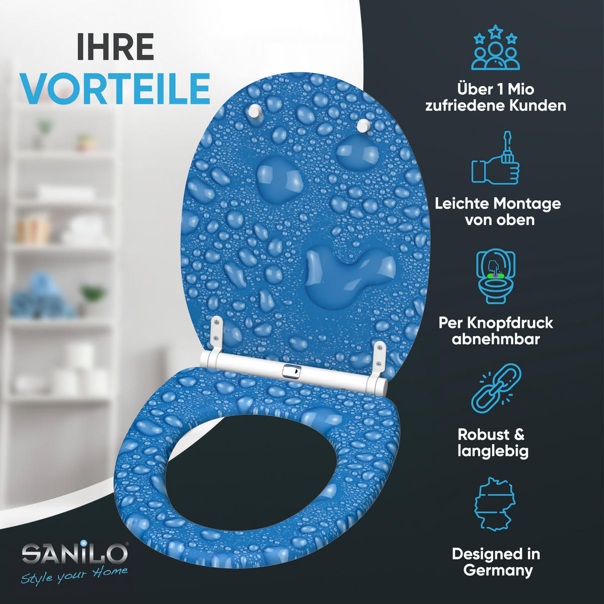 WC-SITZ mit Absenkautomatik & Top Fix Tautropfen Blau - Blau, Holzwerkstoff (37.7/5.5/48cm) - Sanilo