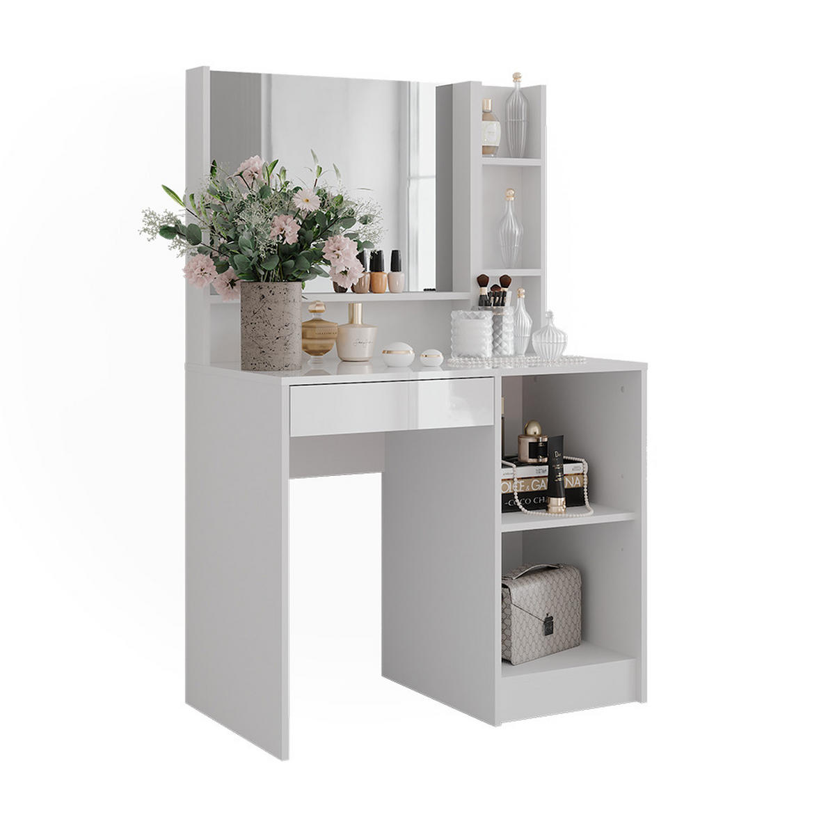 SCHMINKTISCH Sherry Weiß/Weiß Hochglanz 89.8 cm 3 Teile - Weiß Hochglanz, Holzwerkstoff (89.8/76/50.1cm) - Vicco