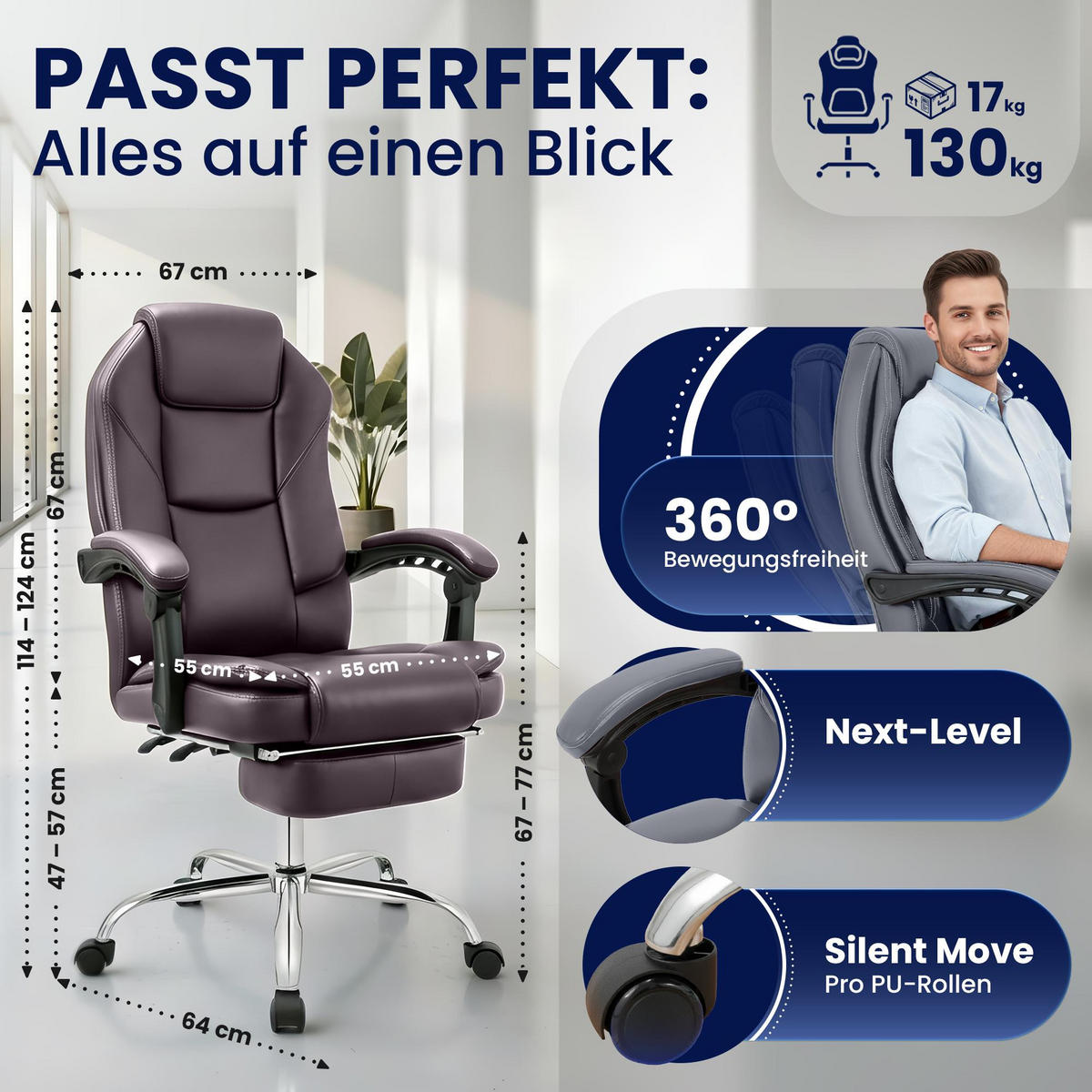 CHEFSESSEL Lederlook Braun - Chromfarben/Braun, Textil/Metall (67/114/64cm) - CLP
