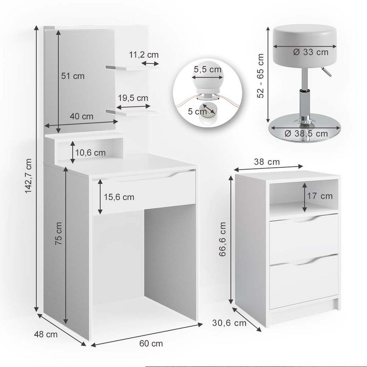 SCHMINKTISCH Ruben Weiß mit Schubladenschrank LED Beleuchtung und Hocker - Weiß, Holzwerkstoff (60/142.7/48cm) - Vicco