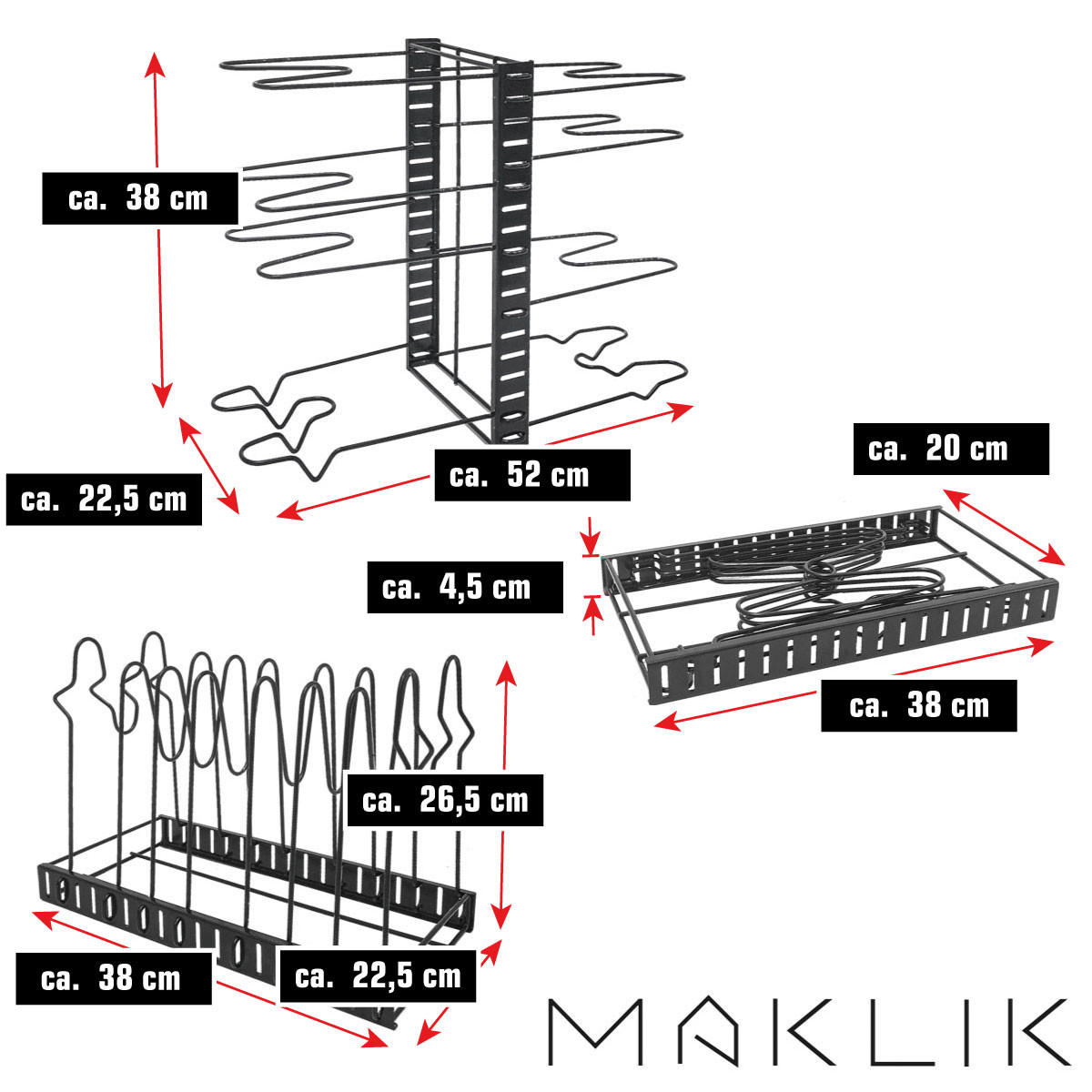PFANNEN-ORGANIZER 21,5/38,5/25,5 cm mit 8 Ablagen - Schwarz, Metall (21.5/25.5/38.5cm) - MAKLIK