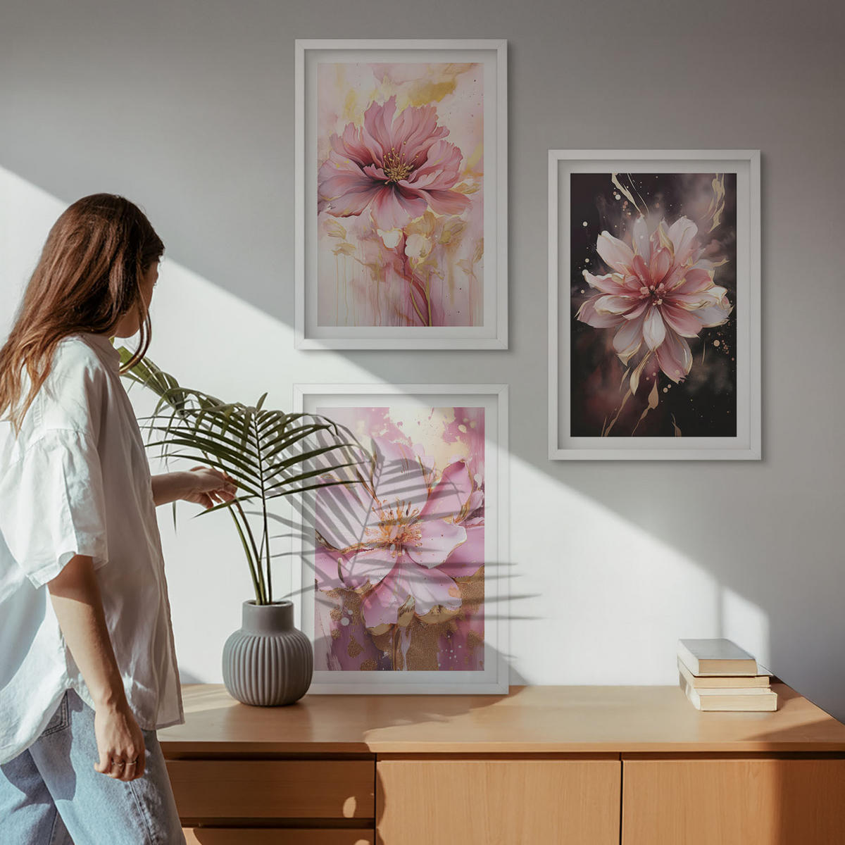 WANDBILDER 3er-Set - 40x60 cm Weißer Rahmen - Blumenkompositionen aus Rosen und Weiß - Weiß, Kunststoff (40/60cm) - ArtPrintCave