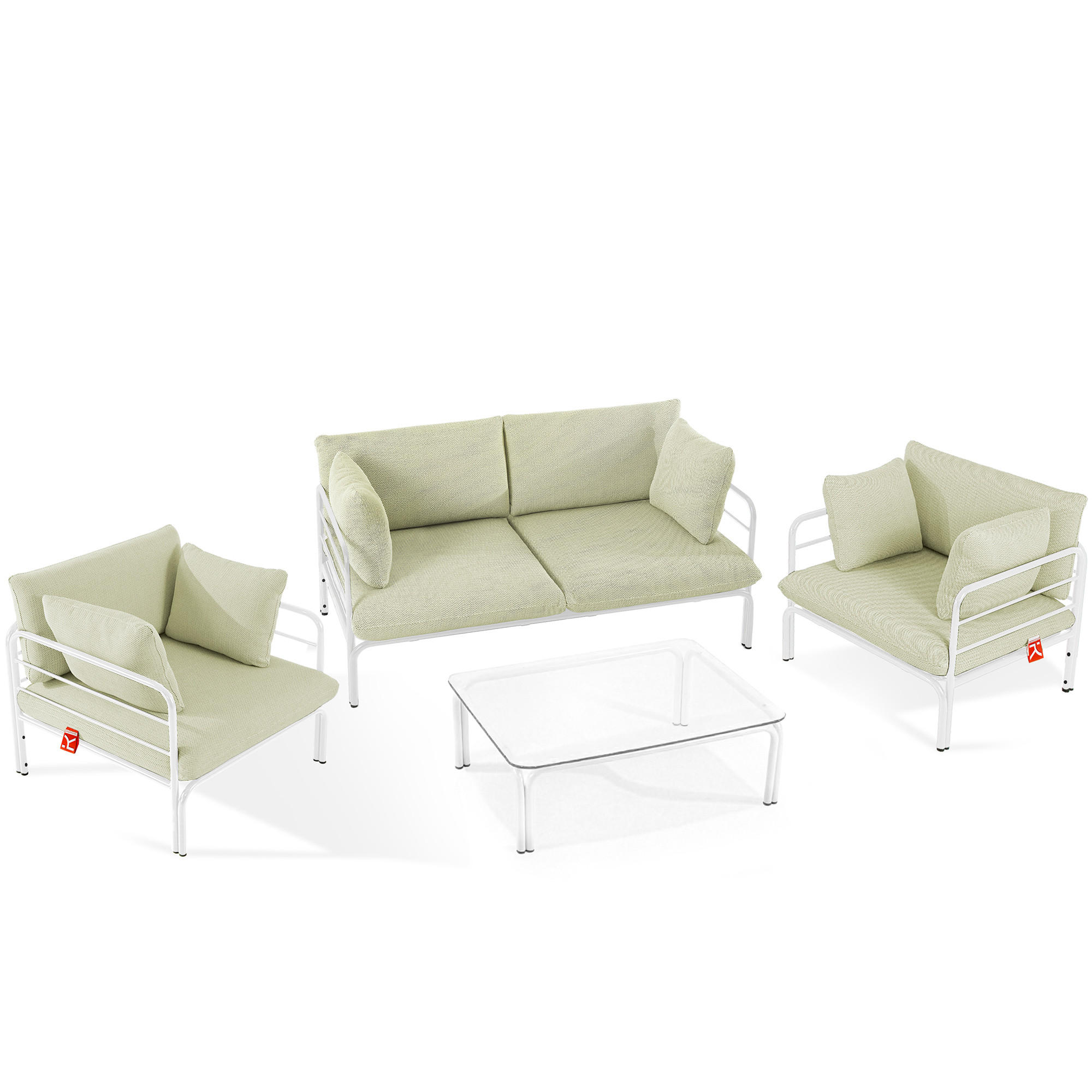 GARTENMÖBELSET RAMBE 4-tlg. 1x Tisch 2x Sessel 1x Sofa 2-Sitzer, mit Kissen, LOFT-STIL, Weiß - Weiß/Hellgrün, Glas/Textil - KONSIMO®