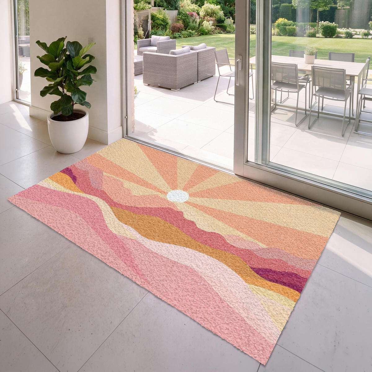 FUSSMATTE Berge - Abstrakt - Sonnenstrahlen - Rosa Sauberlaufmatte 180x120 cm - Rosa, Kunststoff (180/120cm) - MuchoWow