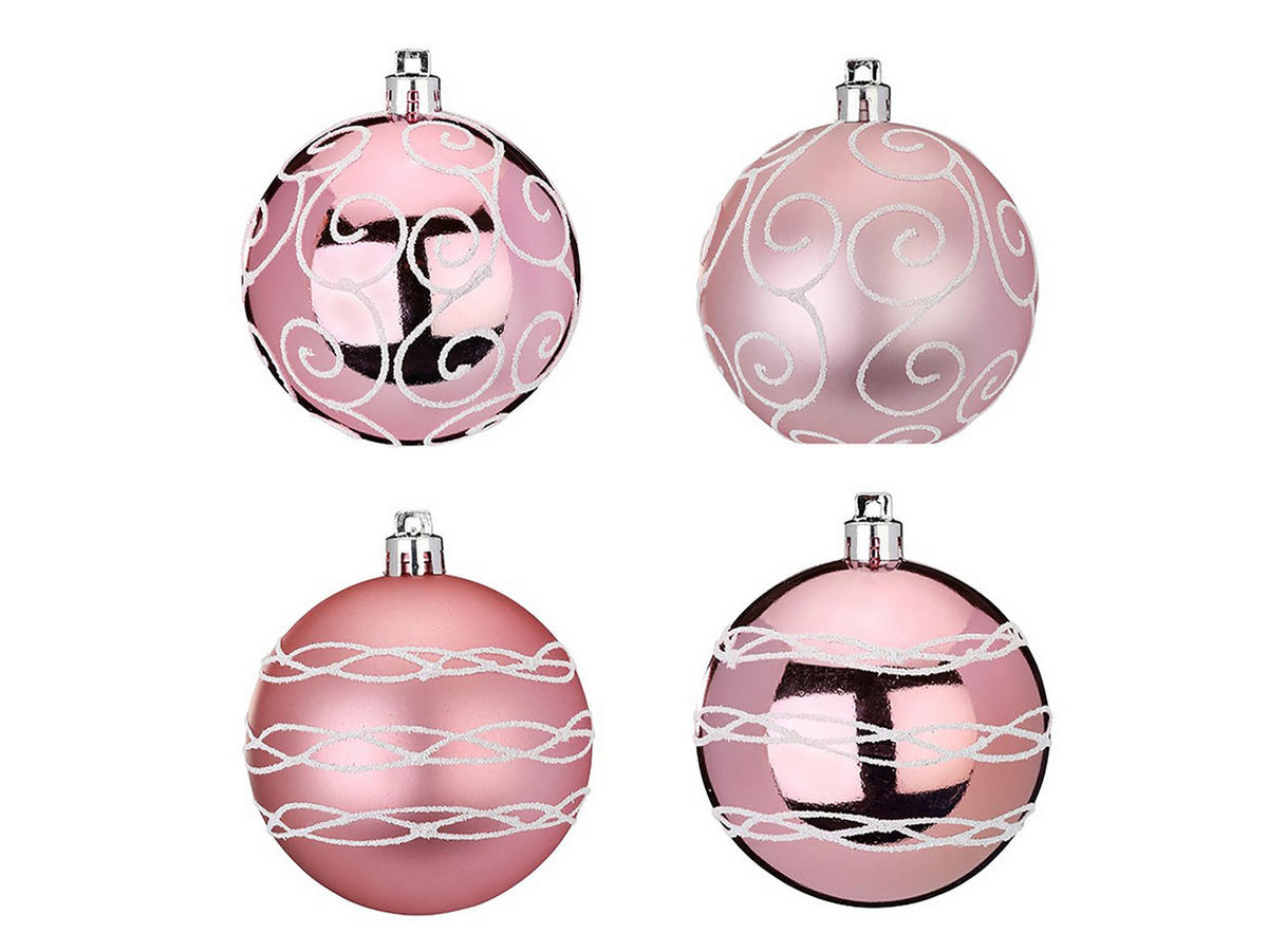 LAALU CHRISTBAUMKUGEL-SET 4 Ornamenten: Dekorationen rund rosa mit Dekor-Mix 8 cm - Rosa, Kunststoff (0.01/1/0.01cm) - LAALU