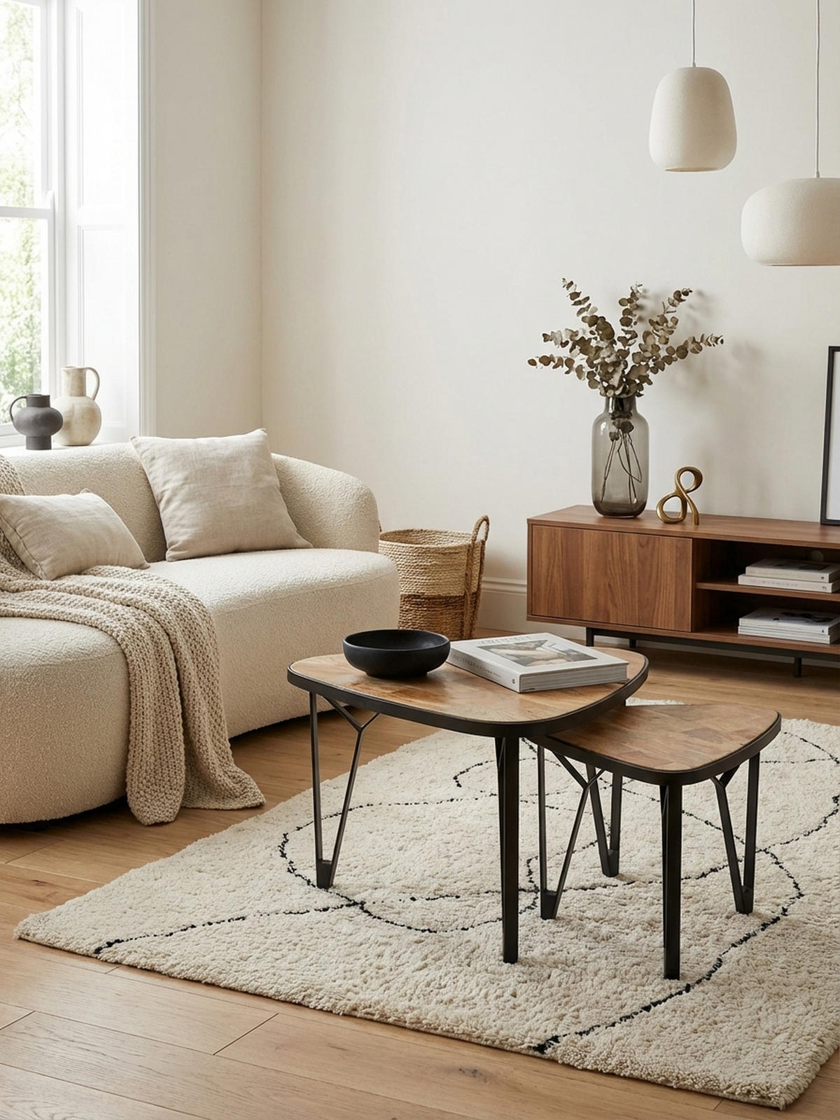 COUCHTISCH Set – Massivholz Metall Braun Schwarz platzsparend Industrial - Beige/Schwarz, Holz/Metall (60/60/45cm) - KADIMA DESIGN