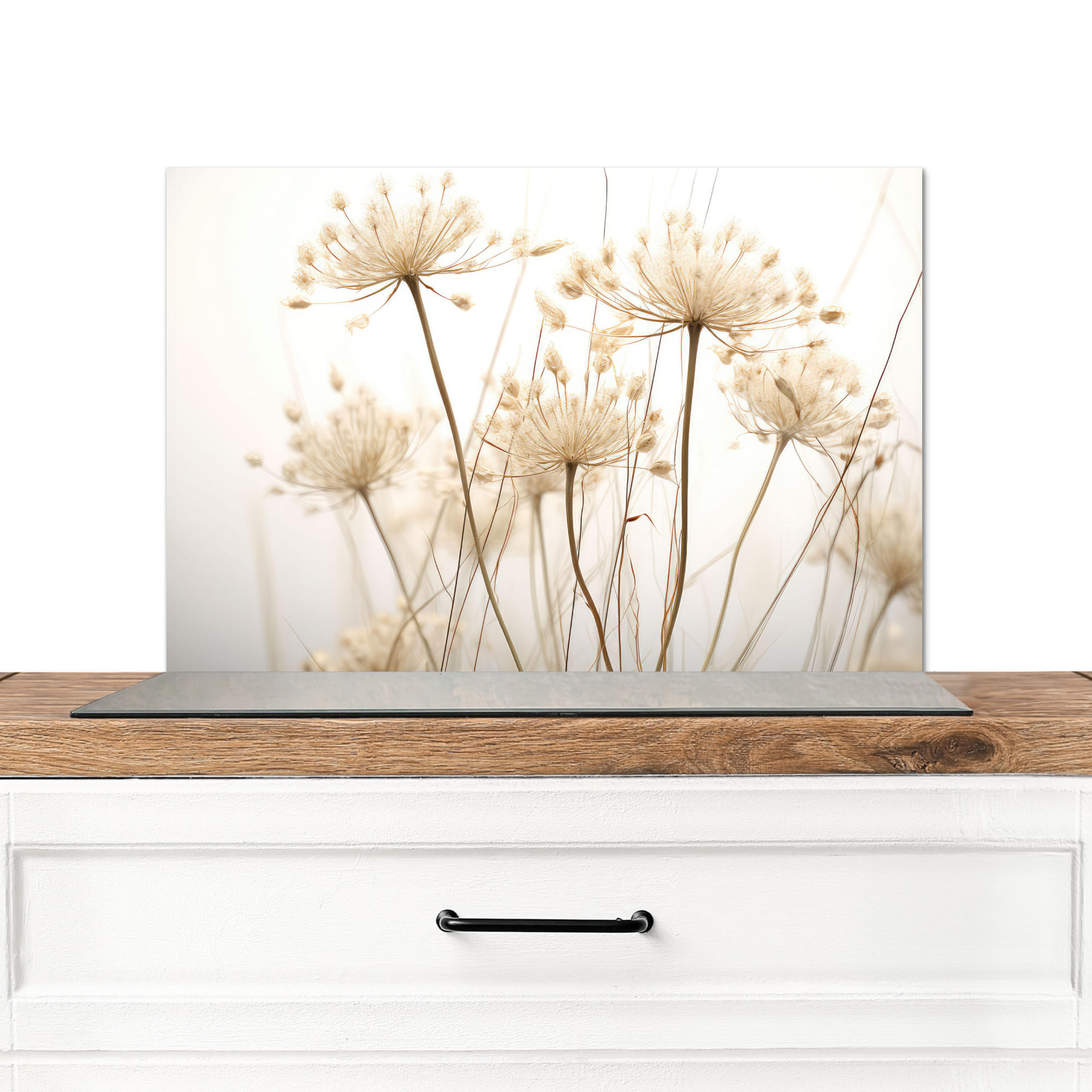 SPRITZSCHUTZ KÜCHE Blumen - Weiß - Sonnenlicht 60x40 cm - Ecru, Metall (60/0.3/40cm) - MuchoWow