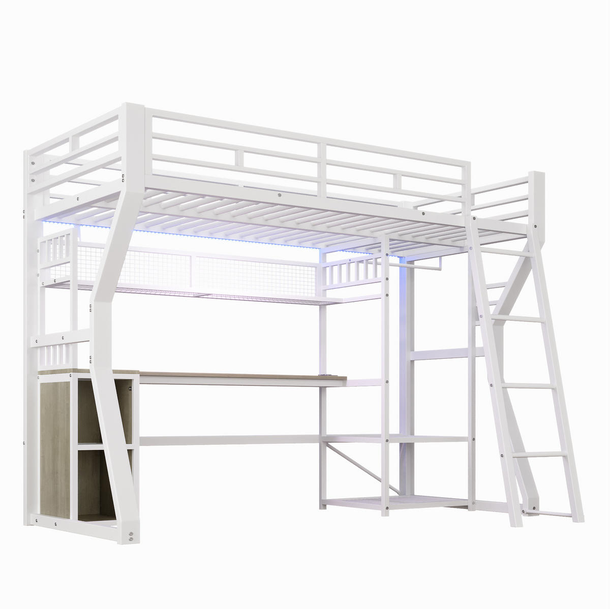 VYSOKÁ posteľ 90/200 cm biela z MDF a kovu s LED osvetlením zásuvkou stolom a úložným priestorom - biela, kompozitné drevo (90/200cm) - OKWISH
