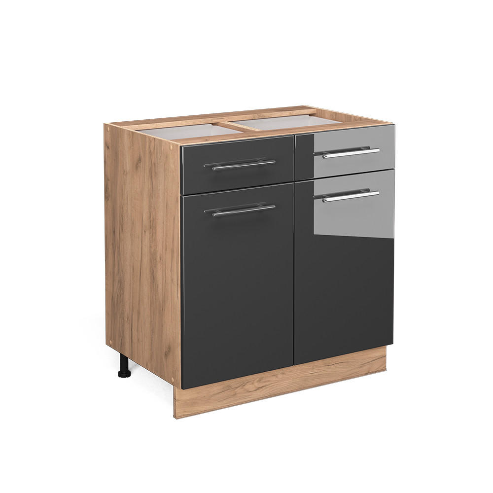KÜCHENUNTERSCHRANK Fame-Line Anthrazit Hochglanz 80 cm mit Schubladen ohne AP - Honigeiche/Schwarz Hochglanz, Holzwerkstoff (80/82/51.6cm) - Vicco
