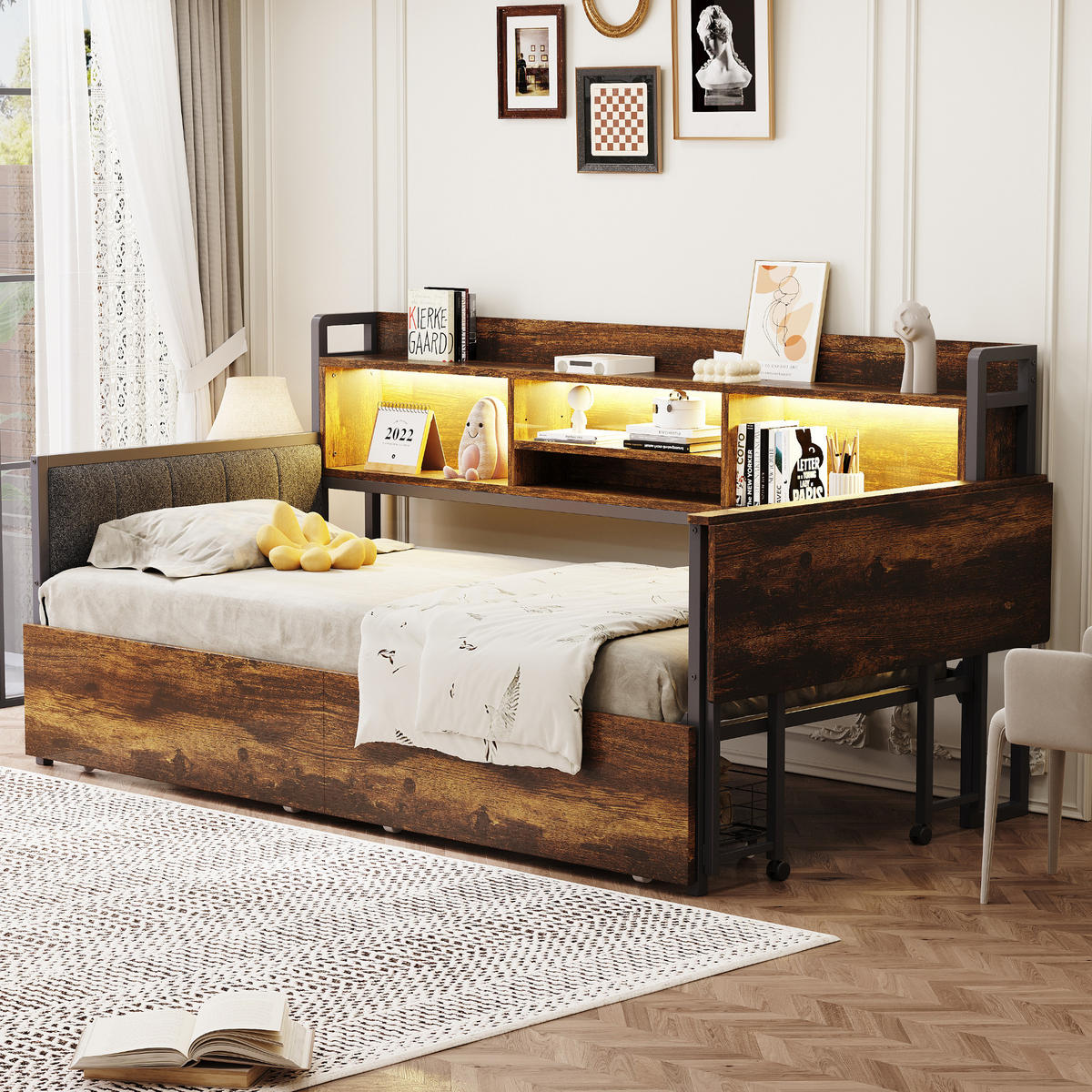 MULTIFUNKTIONSBETT 90/200 cm Holzfarbe mit LED-Beleuchtung und Stauraum aus Metall - Naturfarben, Metall (90/200cm) - OKWISH