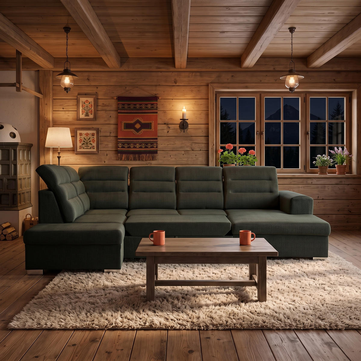 ECKSOFA U-Form CLOUD U Links mit Schlaffunktion 120x252 Velours Dunkelgrün - Dunkelgrün/Silberfarben, Holz/Kunststoff (320/103/202cm) - Muffo