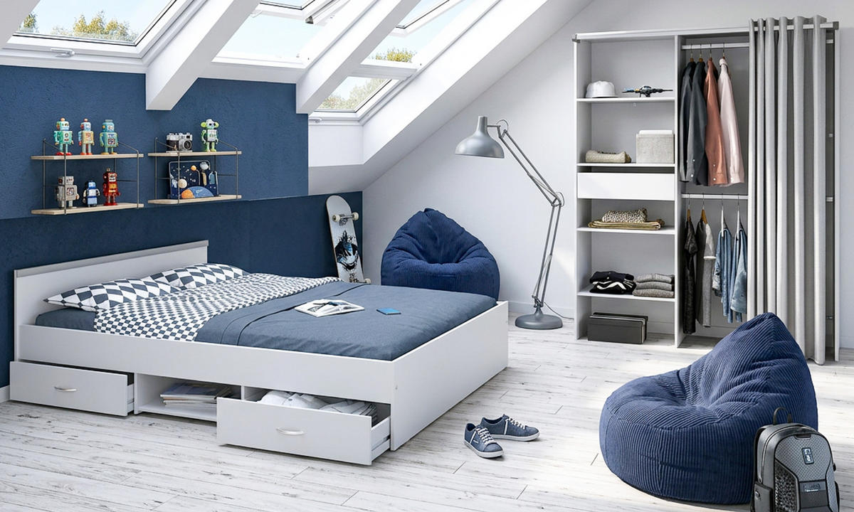 JUGENDZIMMER weiß 2-teilig, Komplett-Set mit Stauraumbett und Kleiderschrank - Silberfarben/Weiß, Holzwerkstoff/Kunststoff (206/182/145cm) - Parisot Meuble