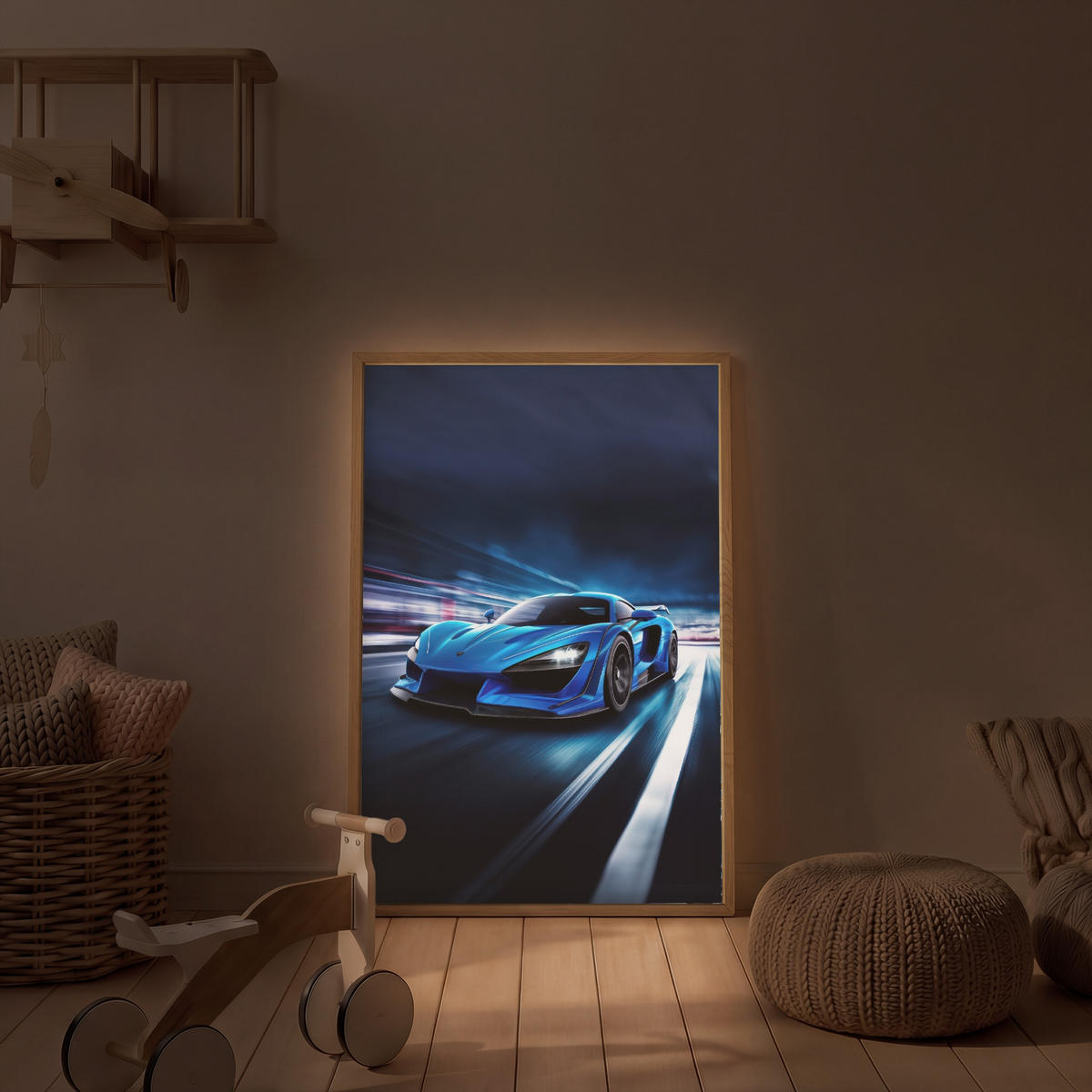 DOBÍJECÍ NOČNÍ LAMPIČKA Auto - Modrá - Chlapci - Dítě 70x100 cm - modrá, kompozitní dřevo (8/70/100cm) - OnlyWow