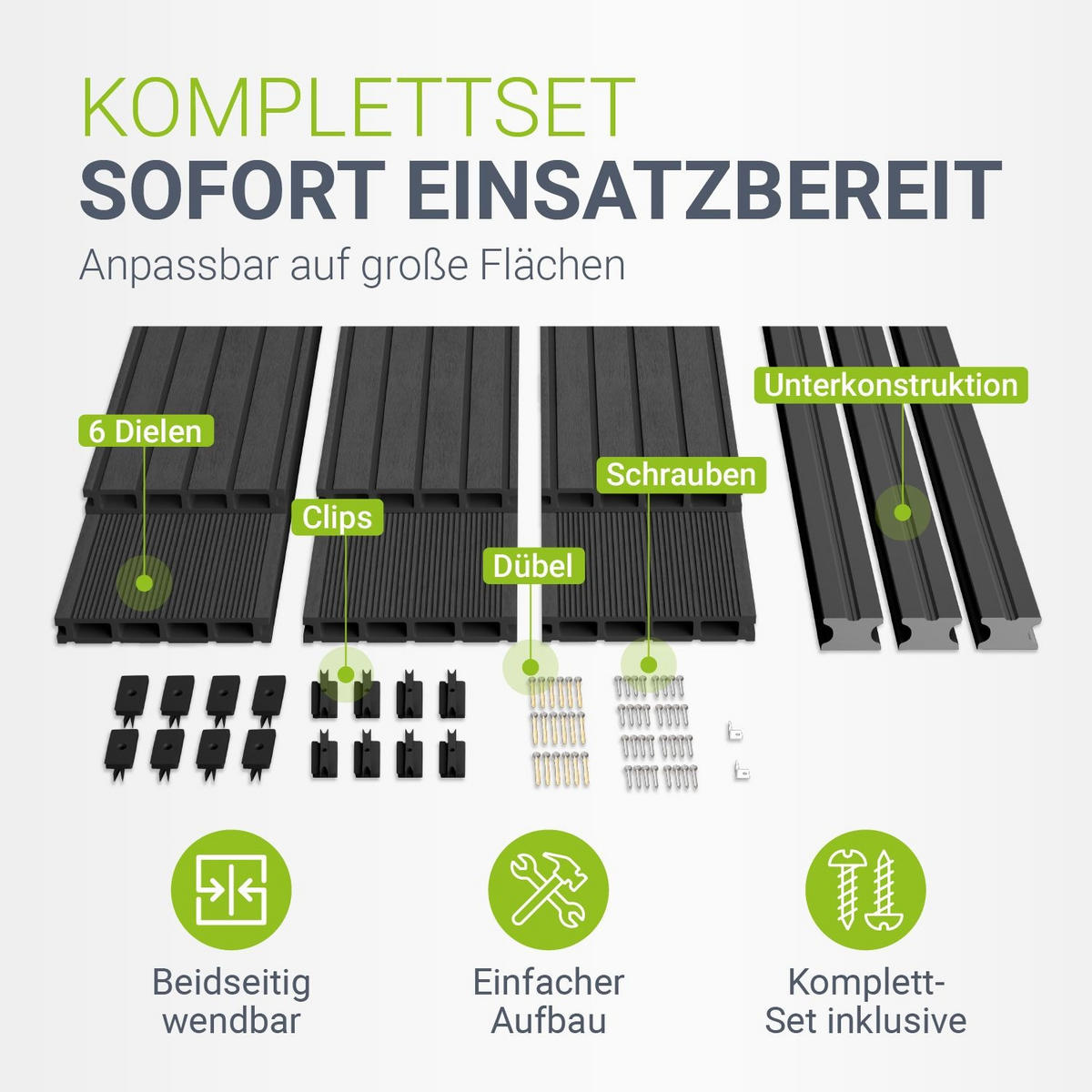 TERRASSENDIELEN WPC Grau 30 m² - Grau, Kunststoff (220/14.6/2.5cm) - Juskys