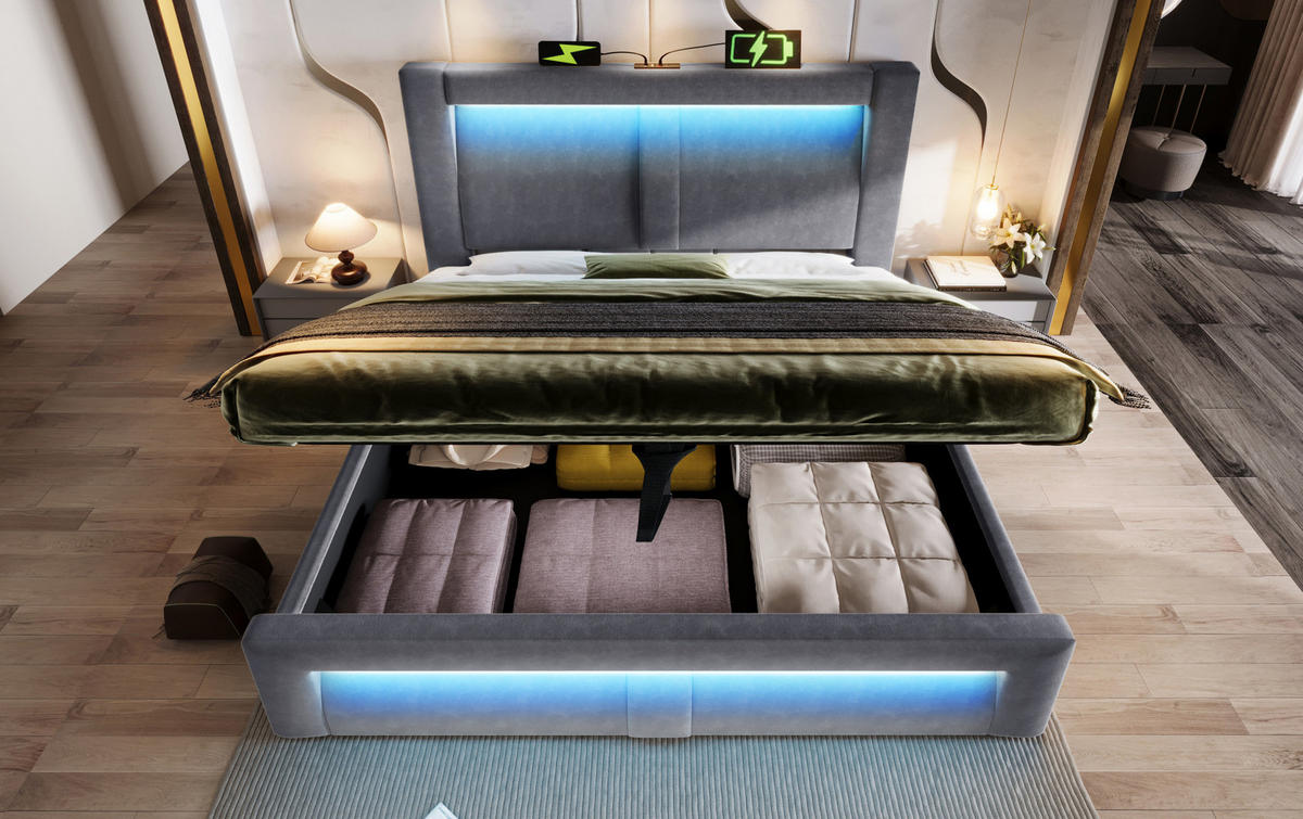 BETT mit Stauraum 140x200 cm Samt Grau inkl. Matratze - Grau, Metall (140/200cm) - Meubliv
