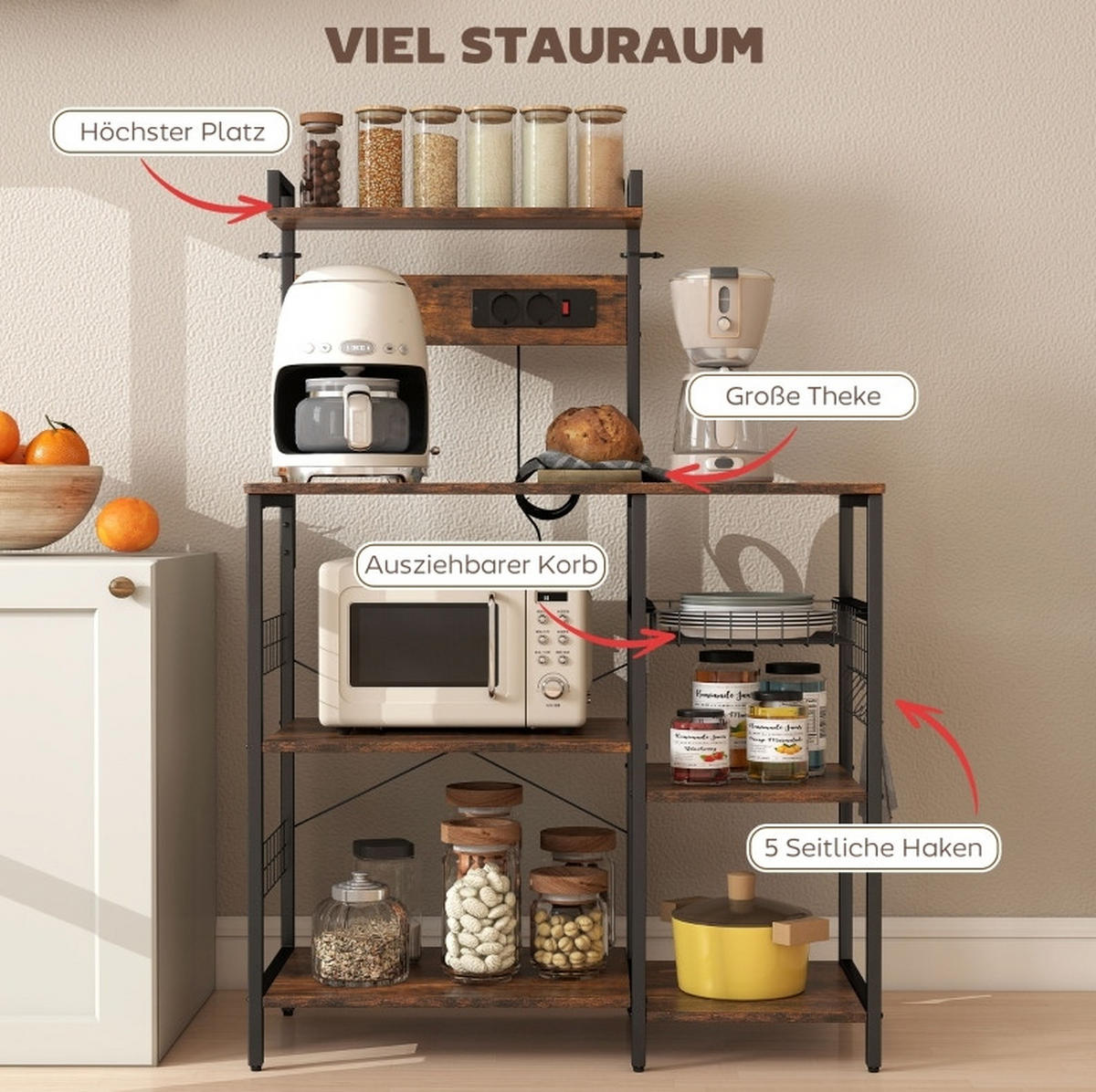 KÜCHENREGAL mit Steckdosen 90 x 42 x 130 cm Rustic Brown - Braun, Holz (42/130/90cm) - Beauniv