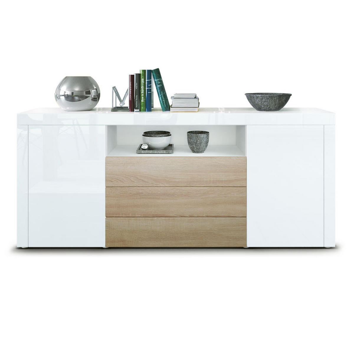 SIDEBOARD Santiago Weiß Hochglanz / Eiche sägerau - Weiß Hochglanz, Holzwerkstoff (167/72/35cm) - Vladon