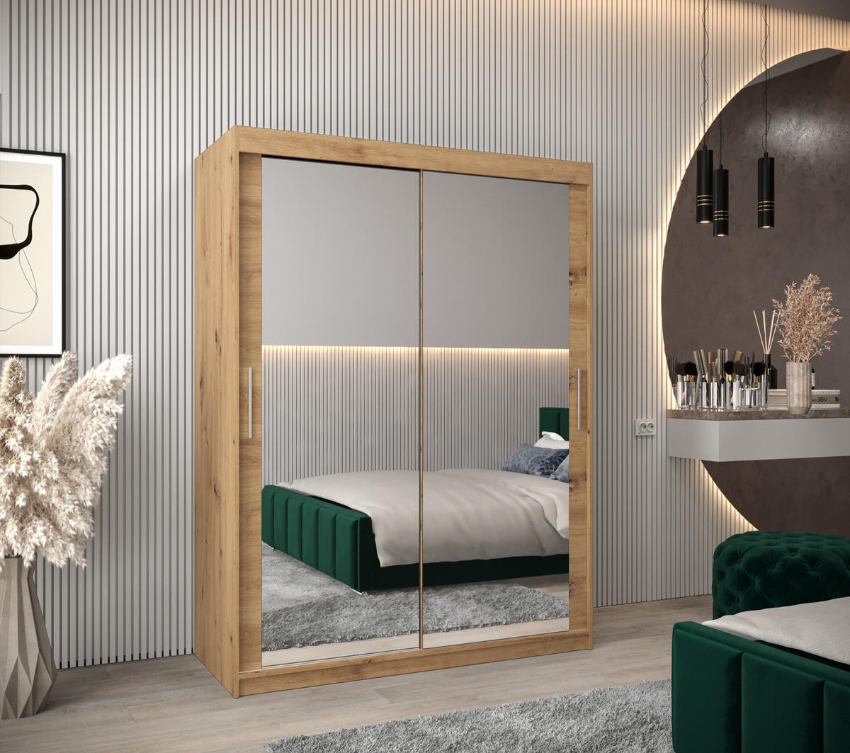 SCHWEBETÜRENSCHRANK 200/150/62 2-türig - Silberfarben/Eiche Artisan, Holz/Kunststoff (150/200/62cm) - Abiks Möbel