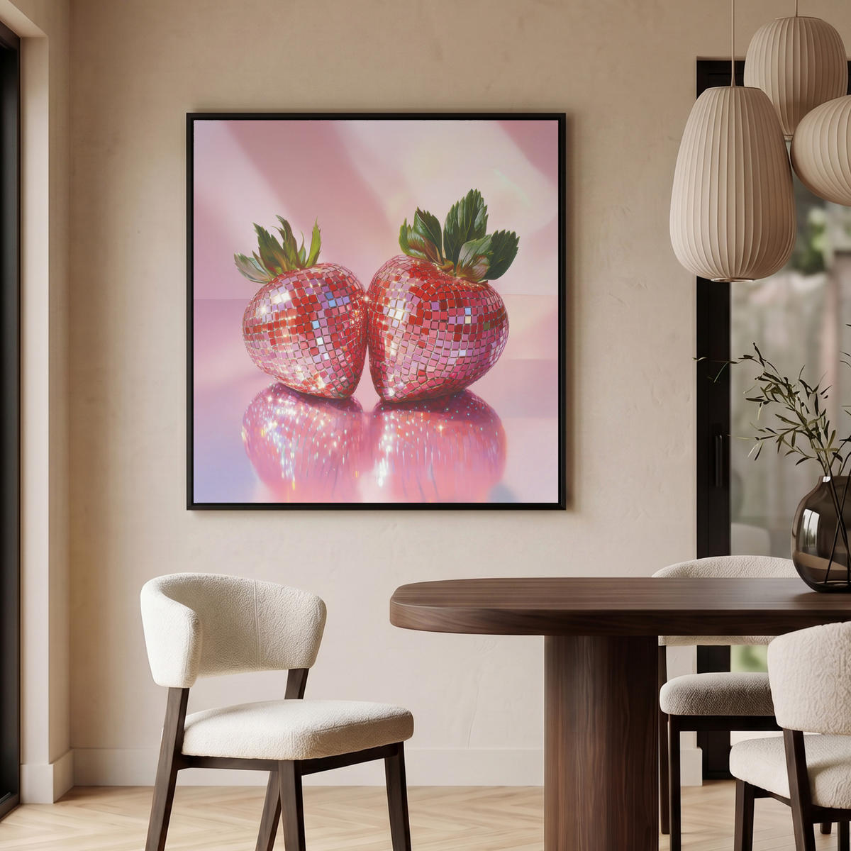 LEINWAND Bilder mit Rahmen - Disco - Obst - Glitzer - Erdbeere - 90x90 - Pink, Textil (90/90cm) - MuchoWow