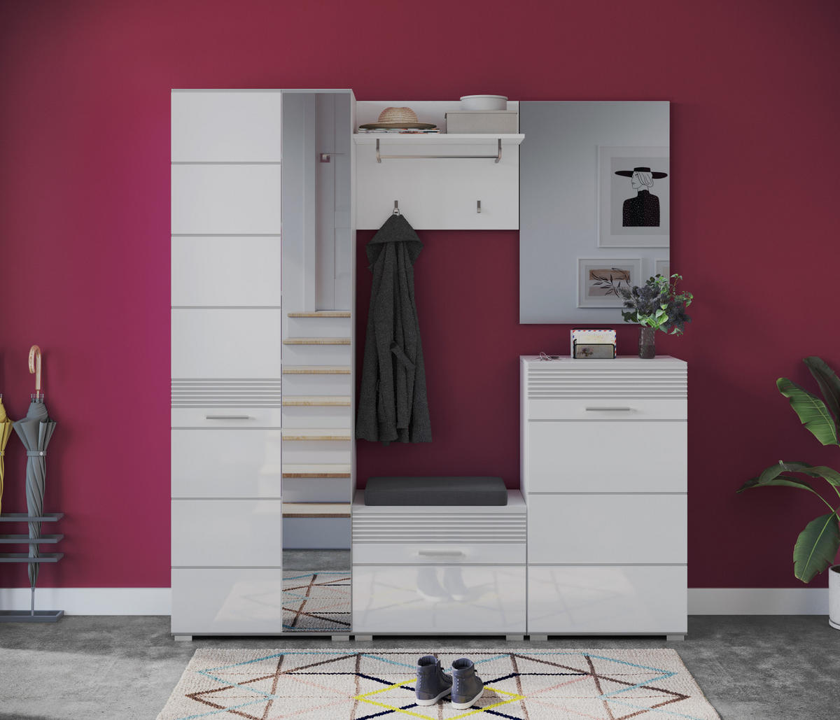 FLURKOMMODE weiß Hochglanz 55 cm, Schuhschrank mit 5 Fächern - Weiß Hochglanz/Silberfarben, Holzwerkstoff/Kunststoff (55/96/37cm) - Inn.Furn