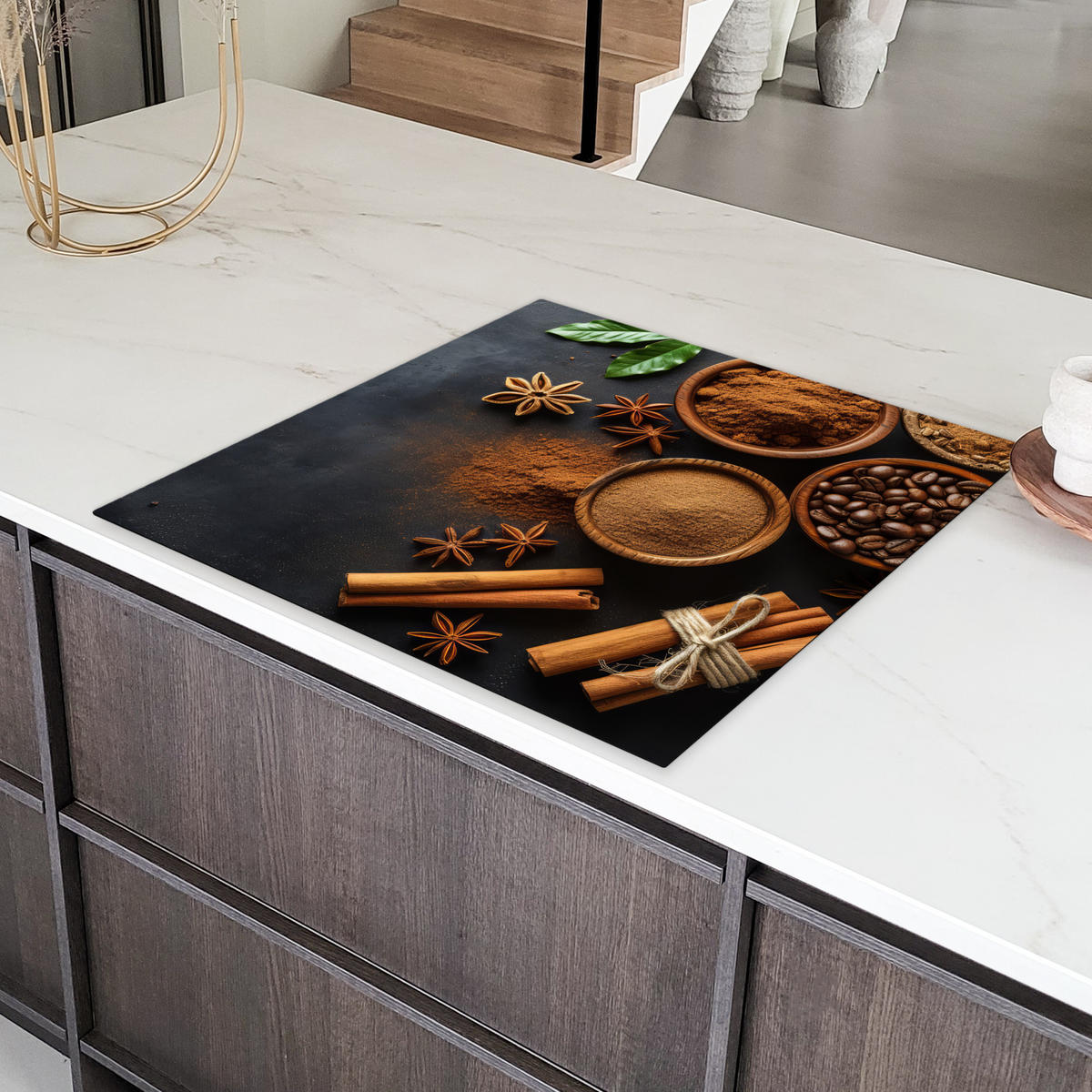 HERDABDECKPLATTE Zimt - Beton - Kaffee - Zimtstangen - Gewürze 78x78 cm - Mokka, Kunststoff (78/0.2/78cm) - MuchoWow