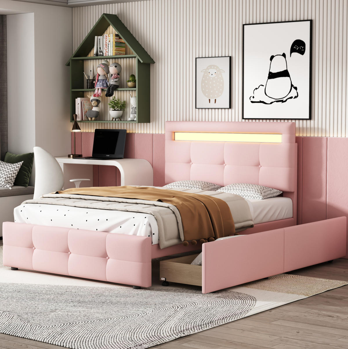 POLSTERBETT 90/200 cm mit LED-Beleuchtung, 2 Schubladen und höhenverstellbarem Kopfteil, Rosa - Rosa, Textil (90/200cm) - Redom