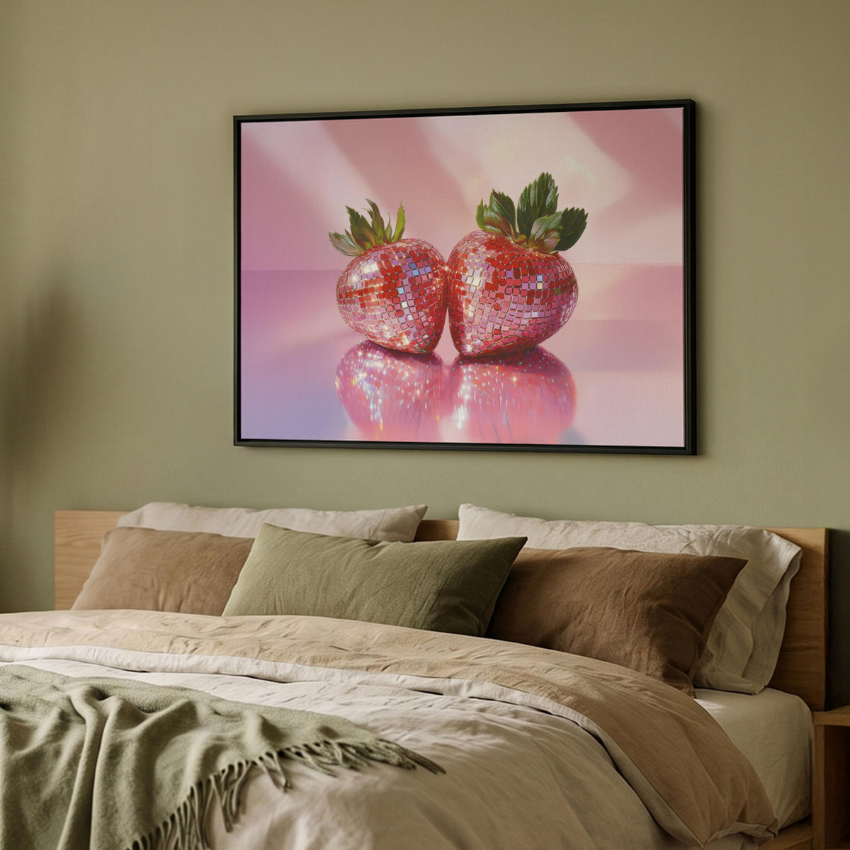 LEINWAND Bilder mit Rahmen - Disco - Obst - Glitzer - Erdbeere - 100x70 - Pink, Textil (100/70cm) - MuchoWow